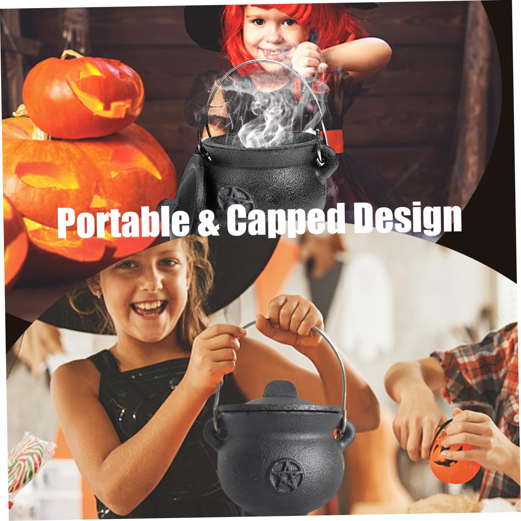 Chaudron en Fonte avec Couvercle et Poignée Halloween 3,94 x 2,95 x 2,95 Pouces Décoratif Bougie Encens Sorcellerie