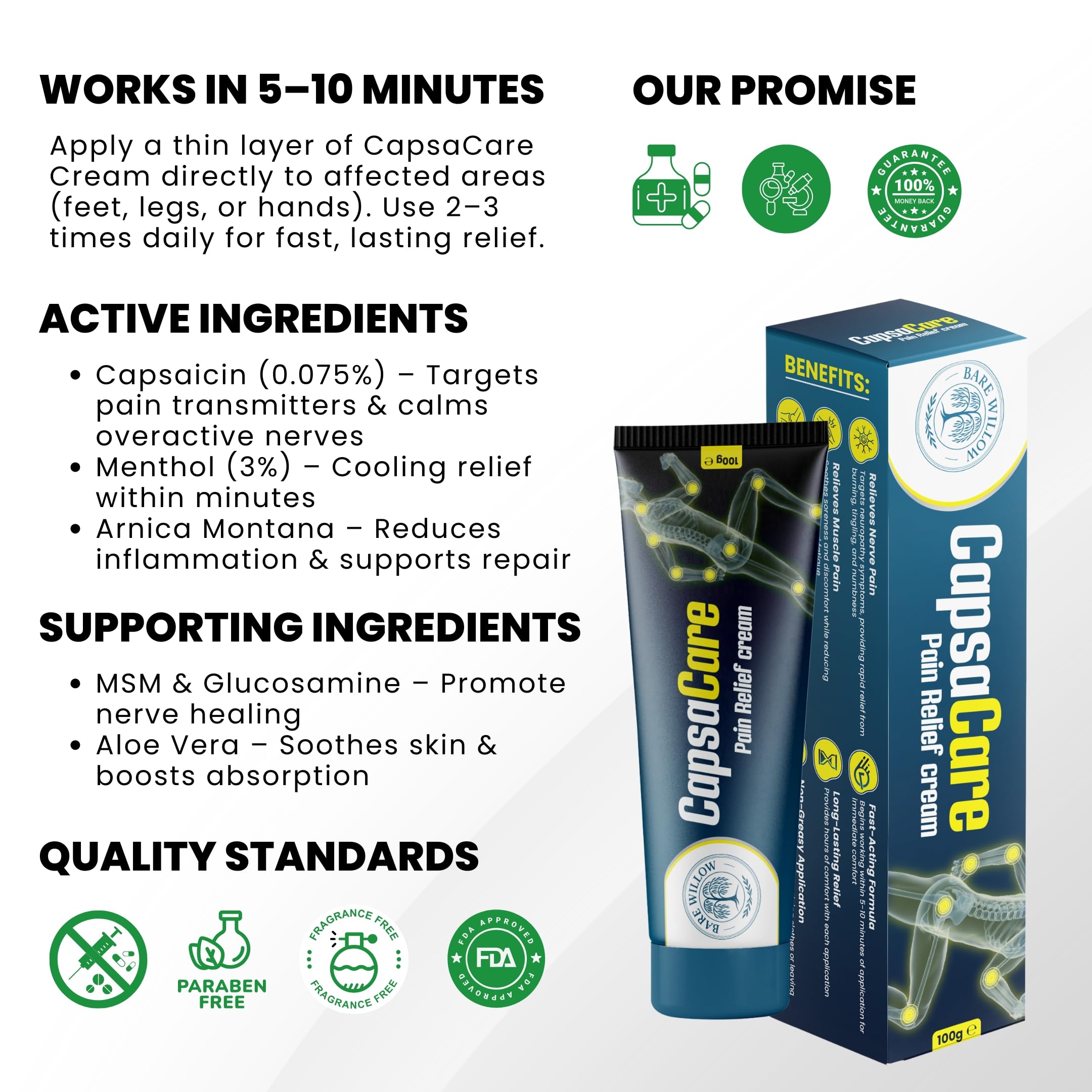 CapsaCare Cream with Capsaicin 0.125% & Magnesium, NeuroSoothe Blend with Arnica, Glucosamine, Menthol & Aloe, Fragrance Free, Non Greasy, Hydrating Topical Skin Cream for Men and Women, 100g (1 Pack) — view 7