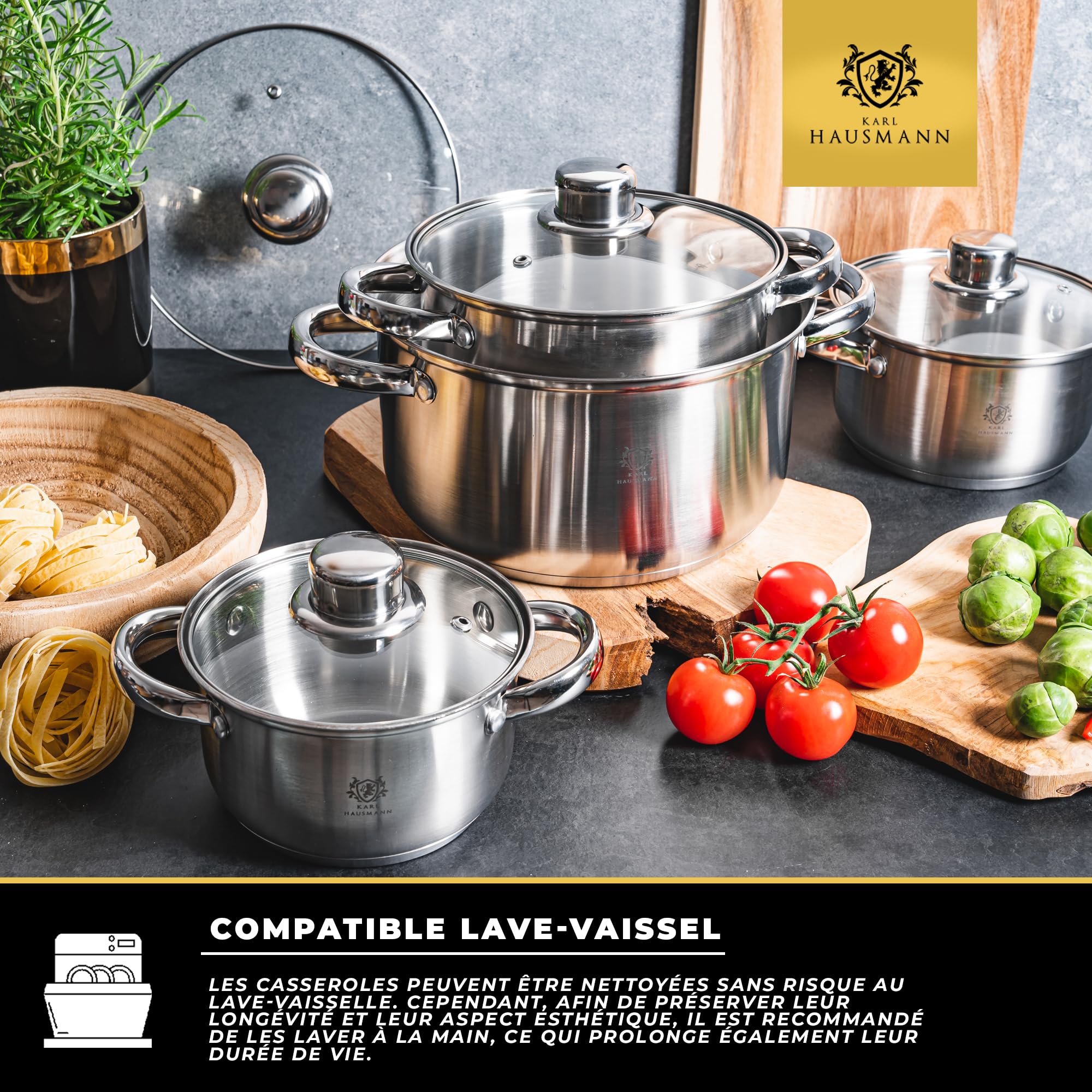KARL HAUSMANN Lot De 4 Casseroles Induction Inox - Avec Couvercle Verre - Sans Revêtement
