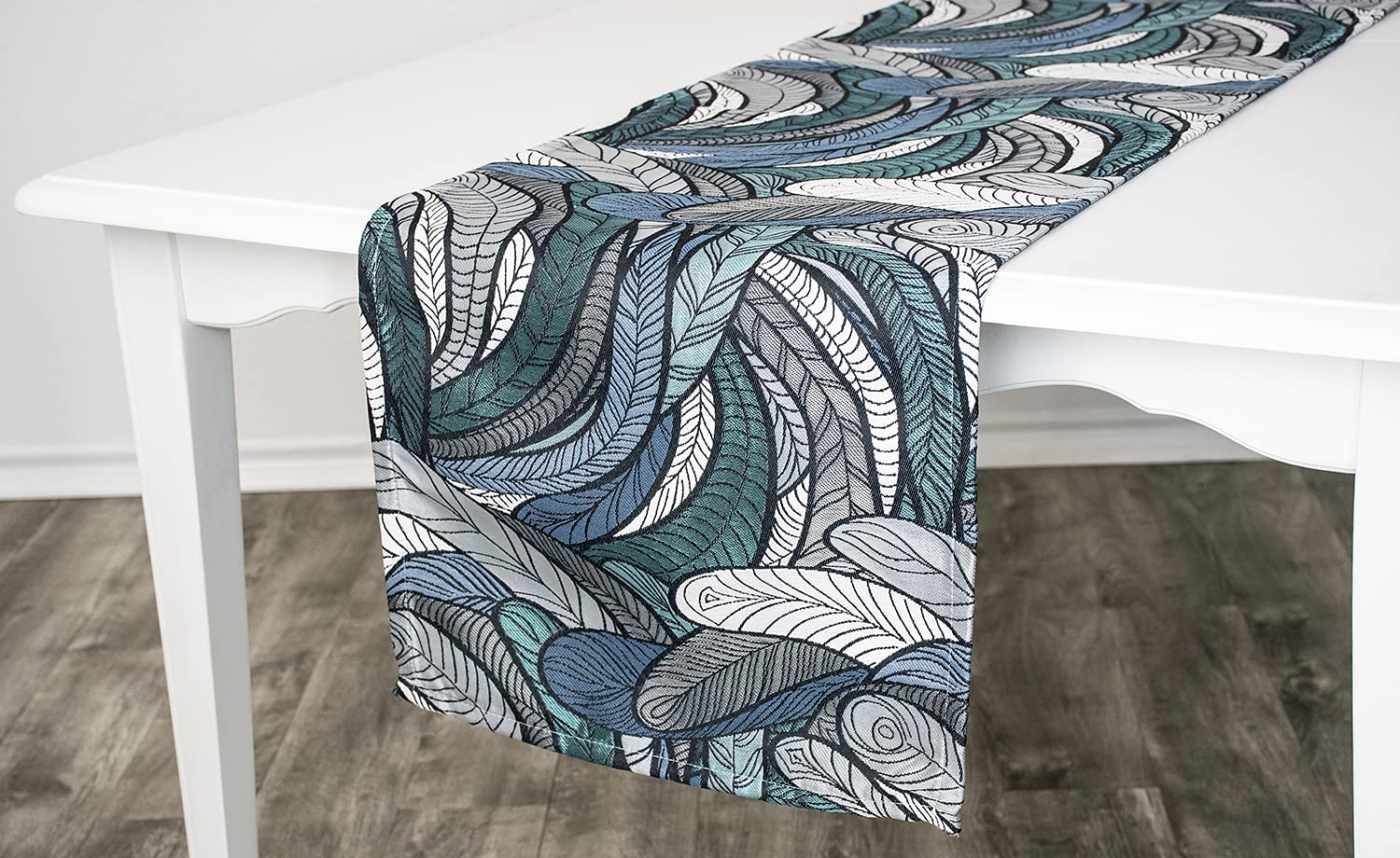 Chenille Gray and Teal Blue Feather Elegant Table Runner, Dresser Scarf, Coffee Table Scarf (16.5Wx53.5L)