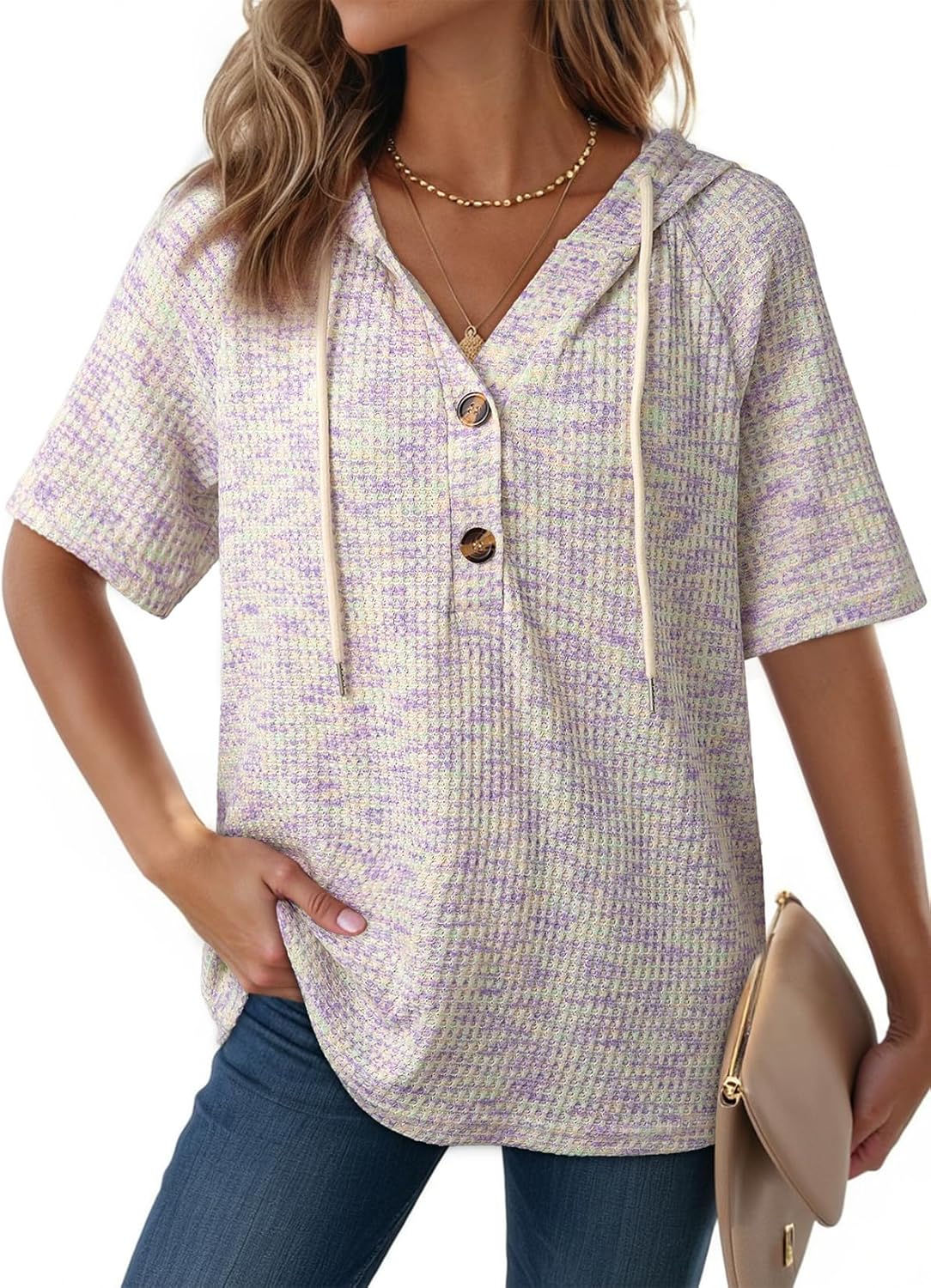 Dokotoo Womens Summer Tops 2026 Short Sleeve Button V Neck Waffle Knit Lightweight Drawstring Hoodies Casual Blouses Shirts