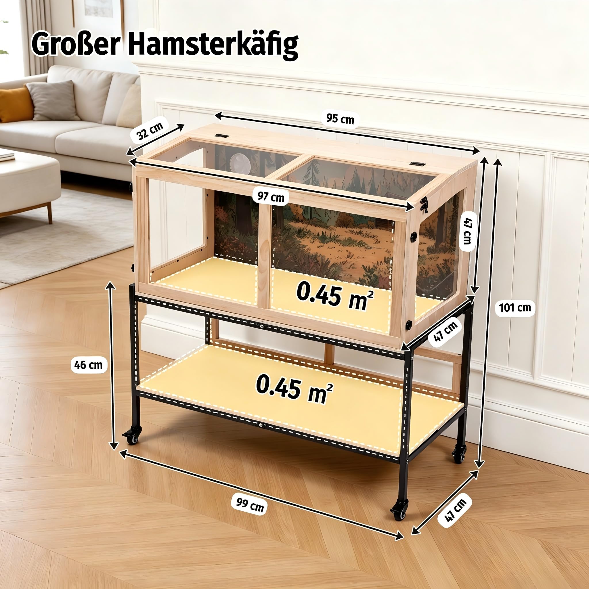 Hamsterkäfig Hochbeet mit Rollen, Kiefernholz, Acryl, Ablage, 101x99x47 cm