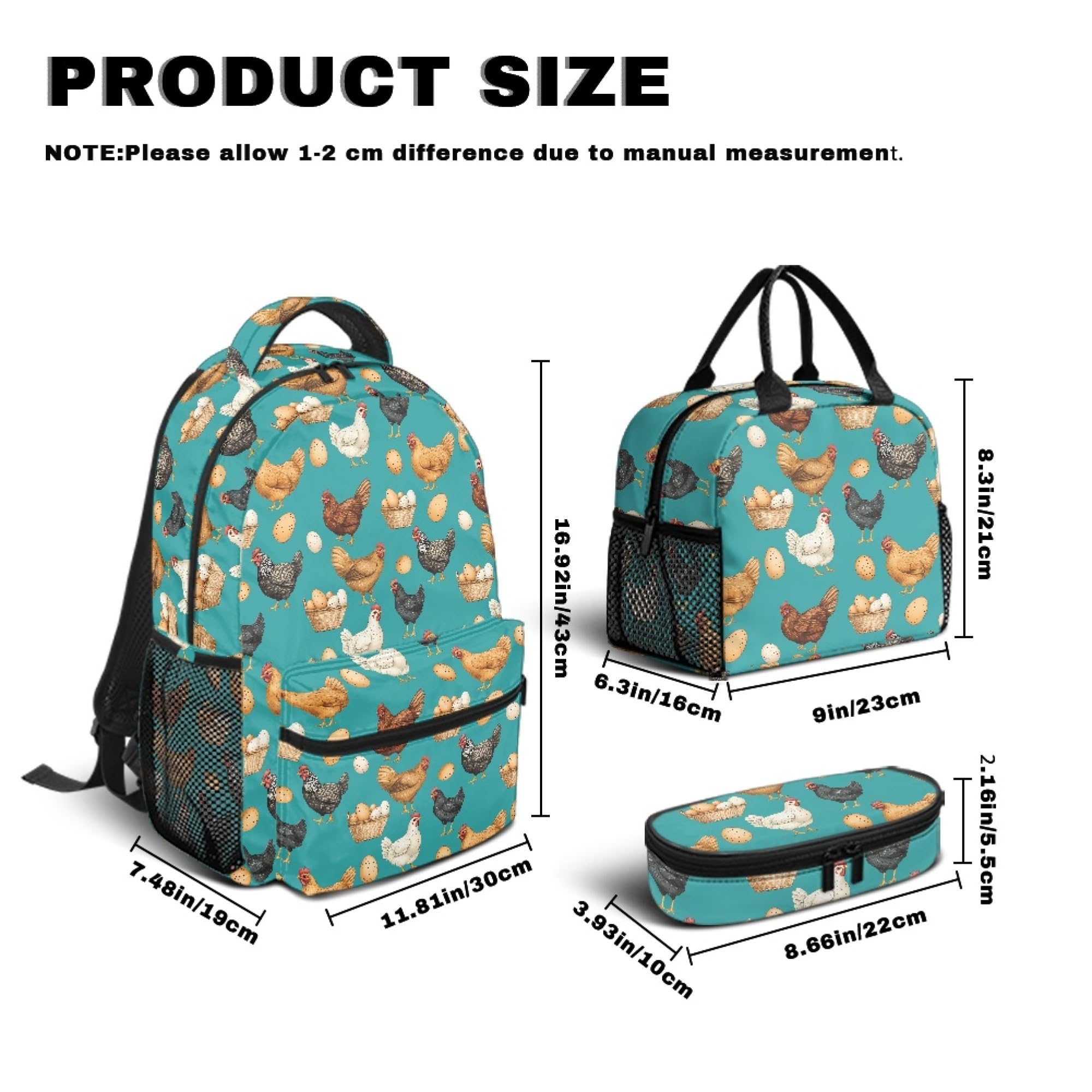 Amzbeauty Schulranzen für Jungen und Mädchen, 3-teiliges Rucksack-Set, große Kapazität, Büchertasche mit Lunchtasche, Federmäppchen für Grundschule, Eier-Huhn, Casual