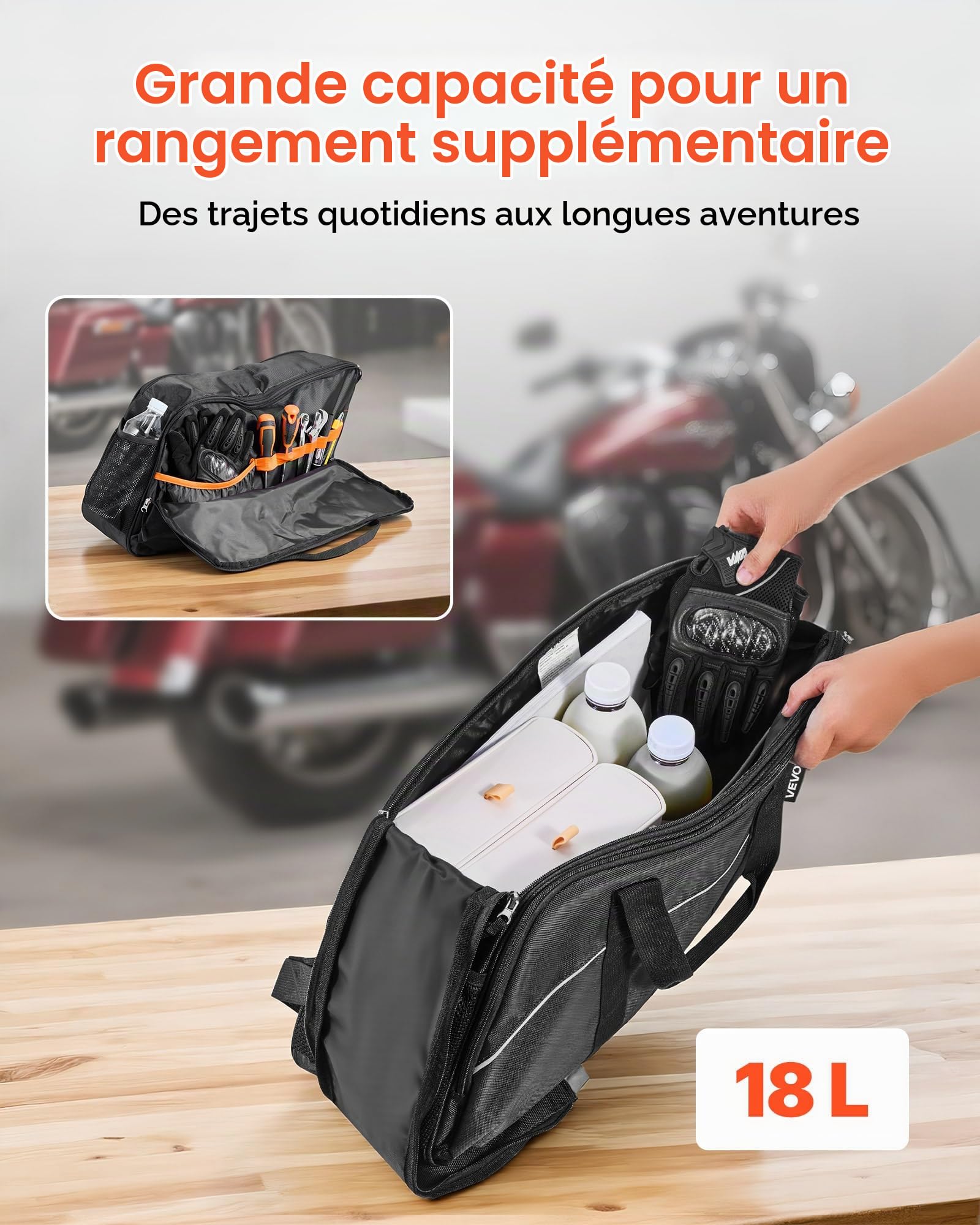 VEVOR Doublure de Sacoche Moto, 18 L, Sac intérieur de Selle Moto, en Tissu Oxford, Compatible avec Les sacoches Harley Davidson 1993-2022 Touring Road/Street Glide/Electra Glide/Road King, Noir