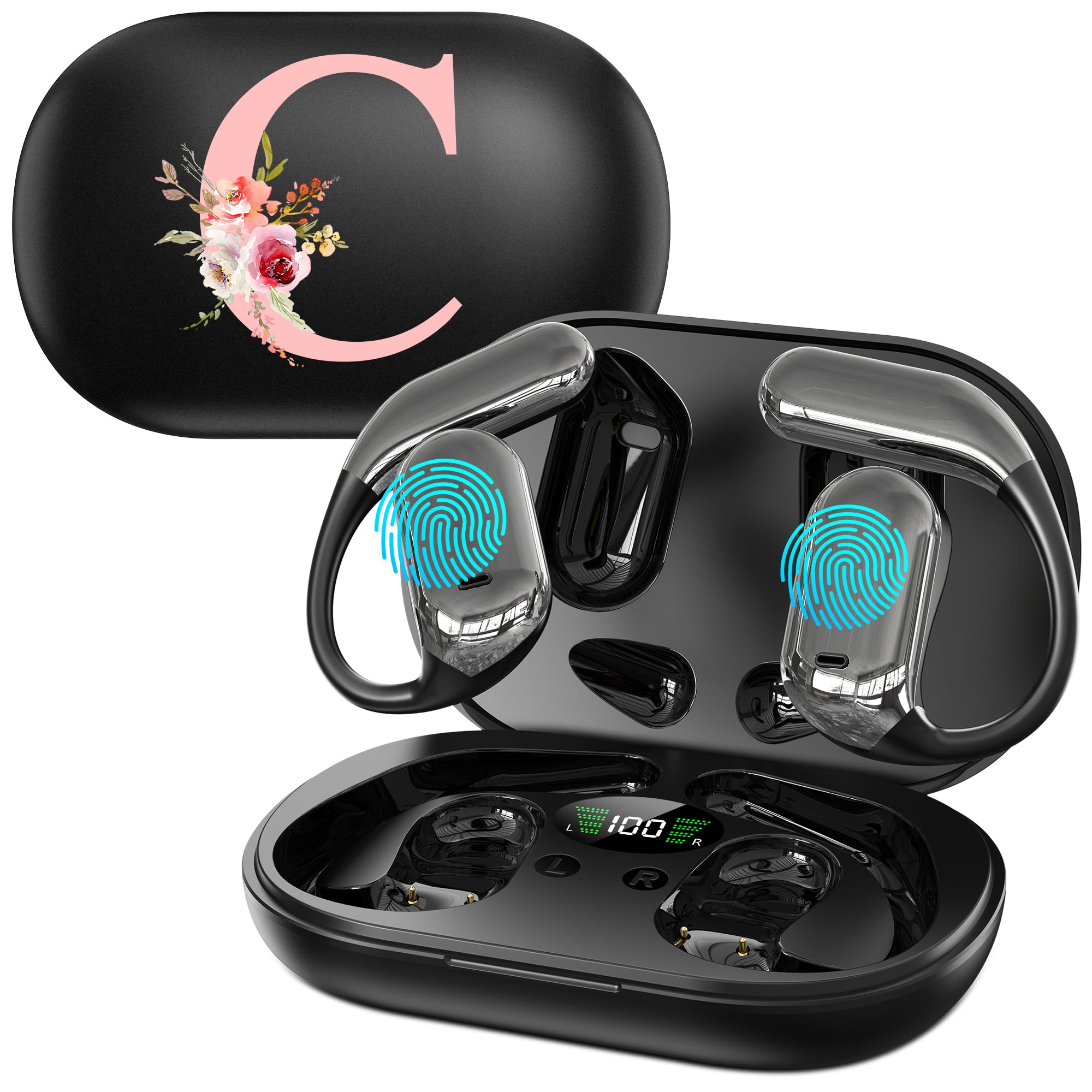Personalized Wireless Earbuds,AI Translation Earbuds,Real-Time Language Translator Earbuds with Floral Initial Design,3-in-1 Wireless Bluetooth Noise
