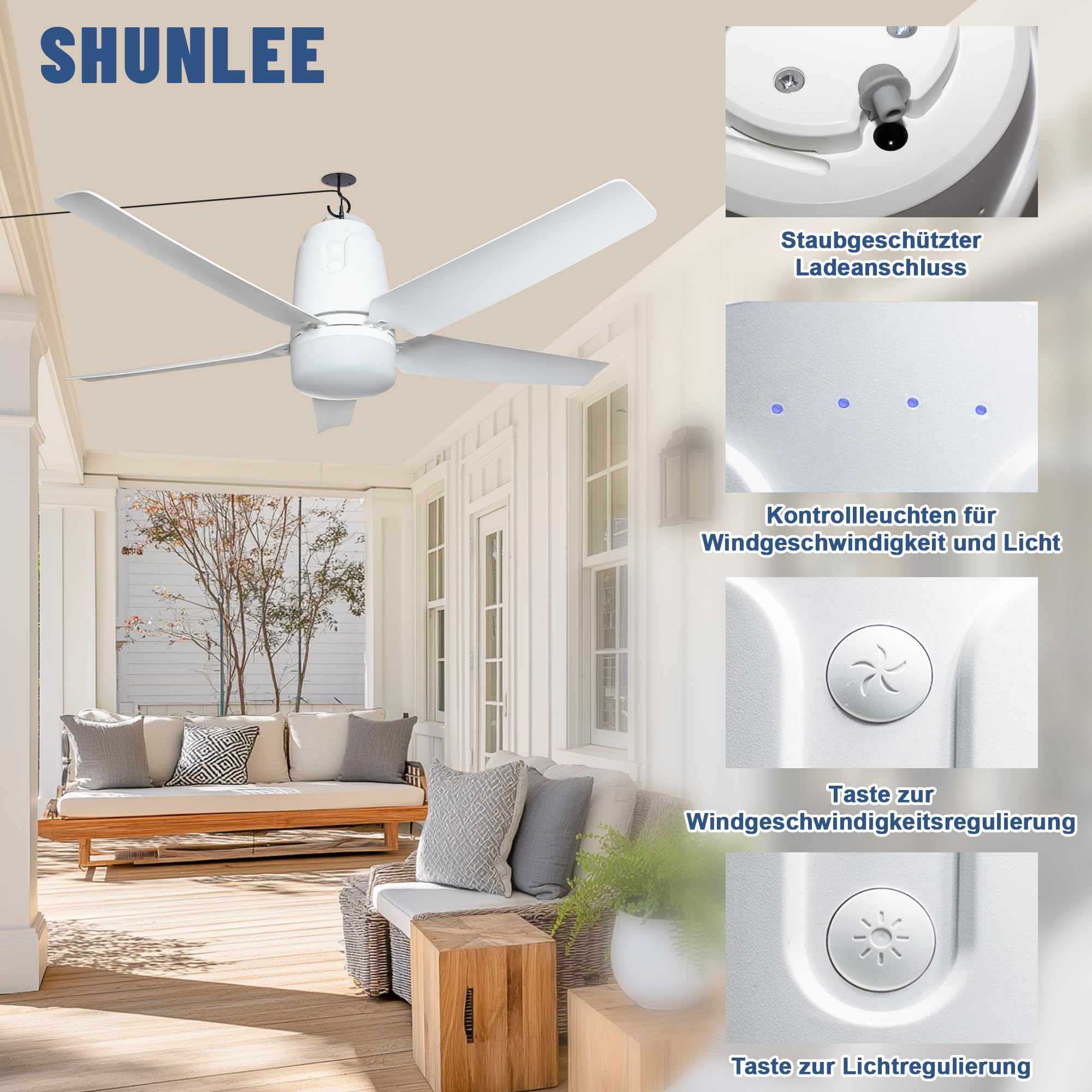 80CM Solar Deckenventilator mit Beleuchtung für Outdoor, 60W Solarpanel und 40000mAh Akku Groß Mobiler Ventilator mit Licht, Fernbedienung & Haken für Camping, Pavillon, Terrasse, Zelt, Hühnerstall