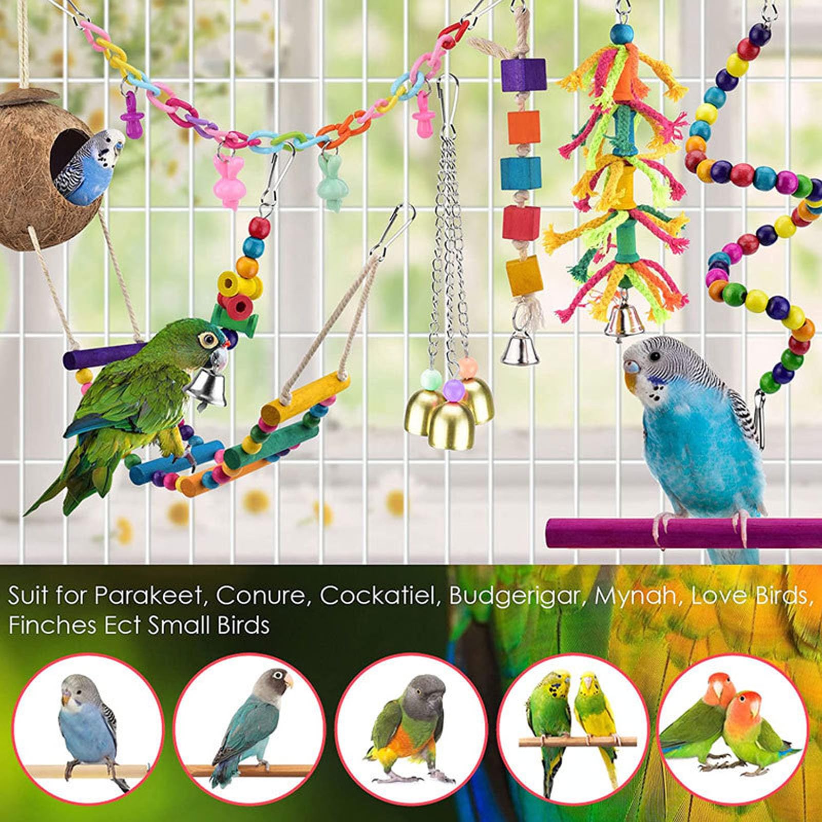 Juguete para pájaros, barra de cuerda con campana, papel masticable colorido, buscador de comida, adecuado para loros, entretenimiento y ejercicio