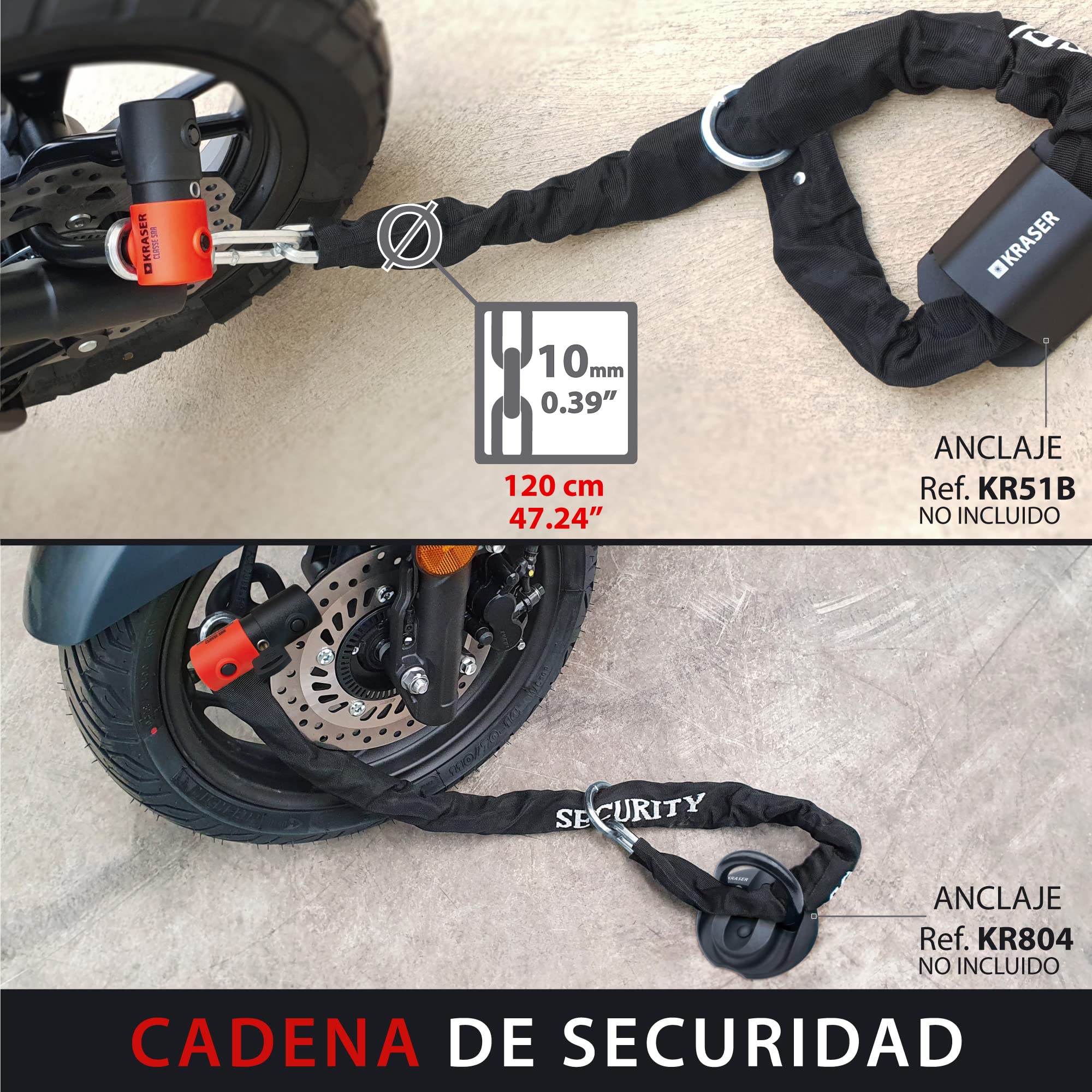 KRASER KR50+120L Cadena Moto Antirrobo, Candado Disco Motocicleta Scooter Bicicleta Eléctrica, Homologado Sra, Bloqueo Mini U Sólida Ø18, Kit Seguridad Parking Garaje, Multifunción Lazo, 120 cm Ø10