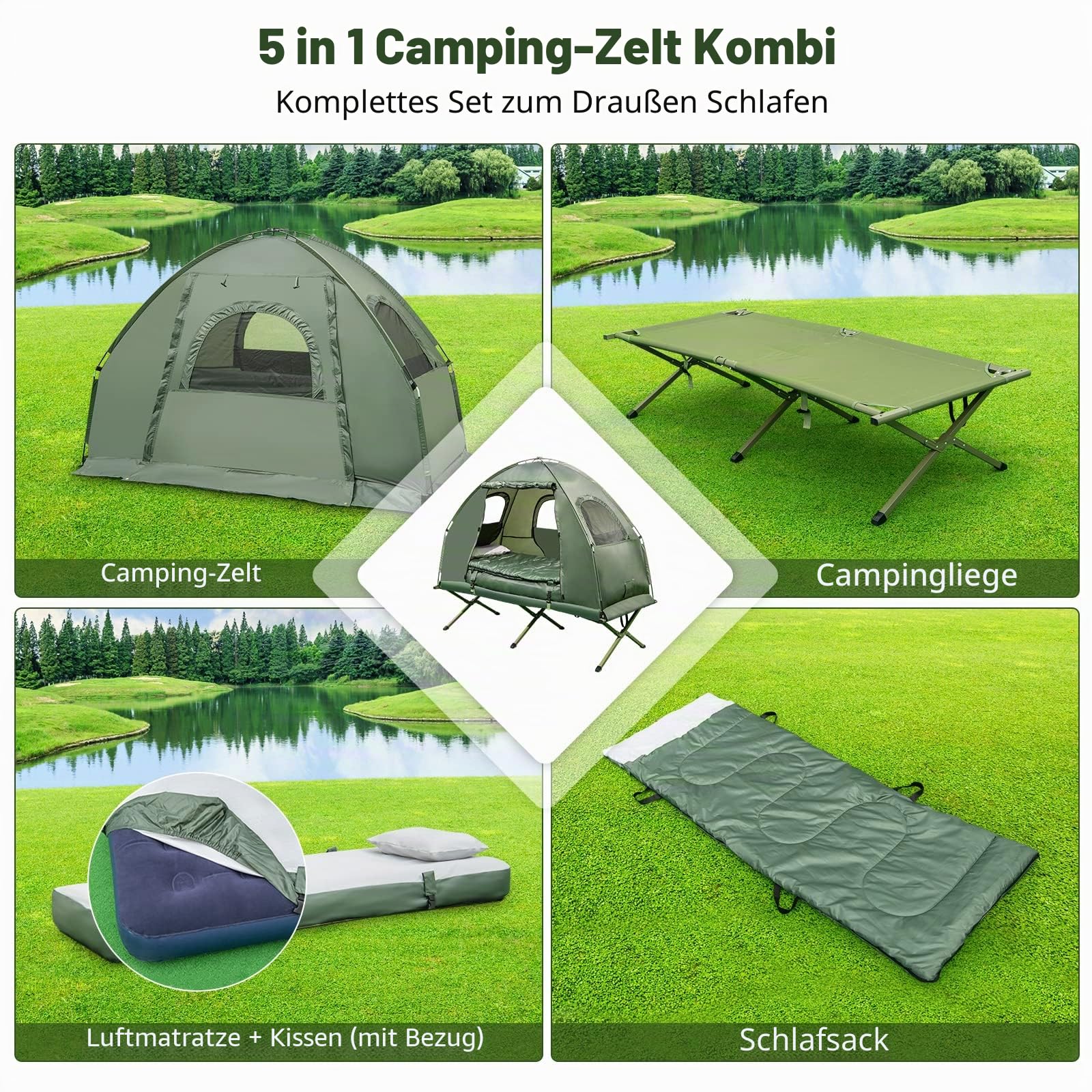 HOMASIS Campingzelt mit Feldbett, Campingbett mit Sonnendach, Kuppelzelt mit Luftmatratze & Schlafsack, Zelt mit Tragtasche für eine Person, Metallrahmen, Grün