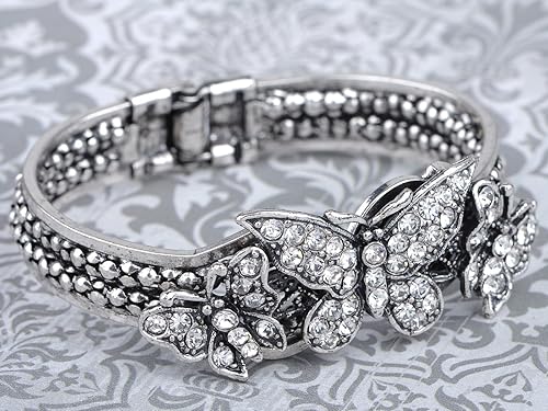 Miniatura 2 de Alilang Pulsera vintage de alas de mariposa con diamantes de imitación de cristal transparente de tono plateado, Diamante de imitación