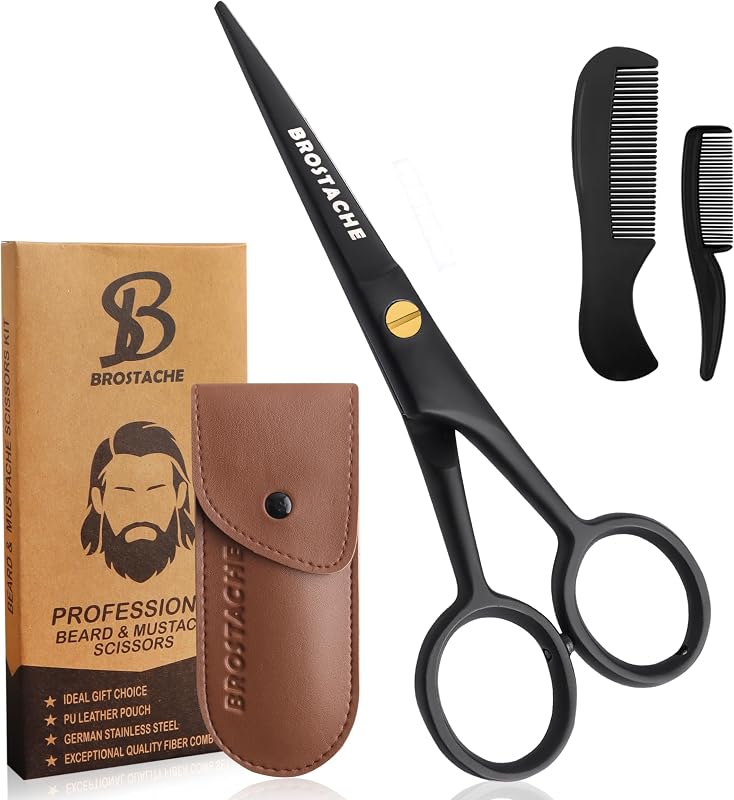 Tesoura para barba e bigode BROSTACHE 5” em aço inoxidável alemão com pentes e estojo, preta