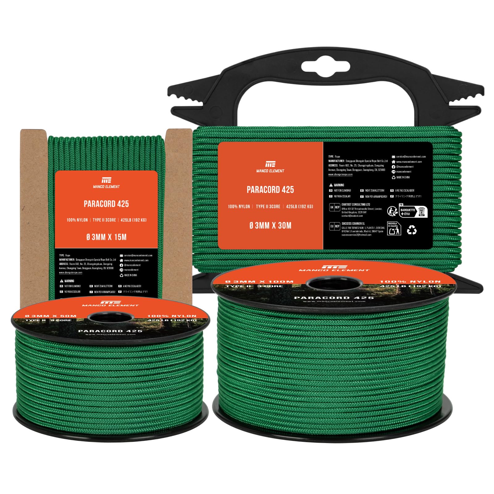 Manco Element 3mm Paracord 425 Type II 15m Kelly Green | 100% Nylon Rope 3 Strands Tactical Cord | Ideal for Outdoor, Camping, Survival, Crafting, DIY