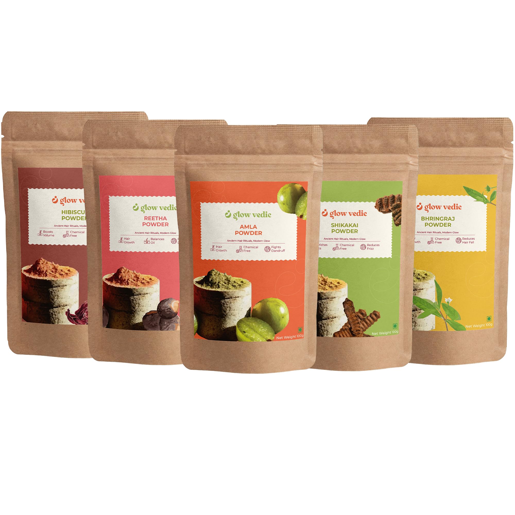Glowvedic Herbal Hair Care Powder (100g Each) - Amla, Reetha, Shikakai, Bhringraj, Hibiscus | Pure and Natural | Pack of 5