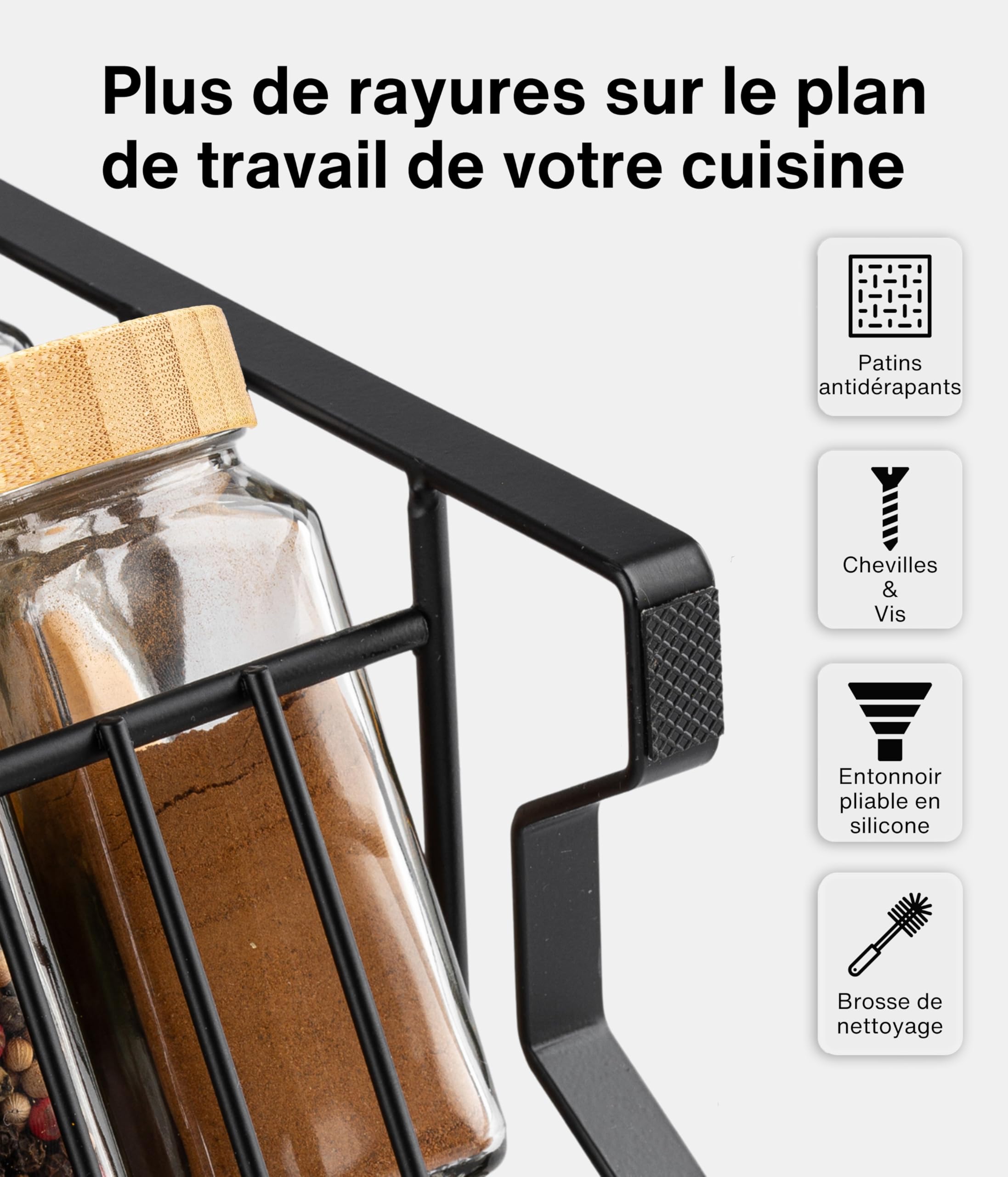 Deco haus® Étagère à Épices & Bocaux - Rangement et Organisation de Cuisine & Maison - Métal, 3 Niveaux - 24 Pots 48 Étiquettes 1 Brosse 1 Entonnoir & Crochets - Autoportante/Murale - Noire