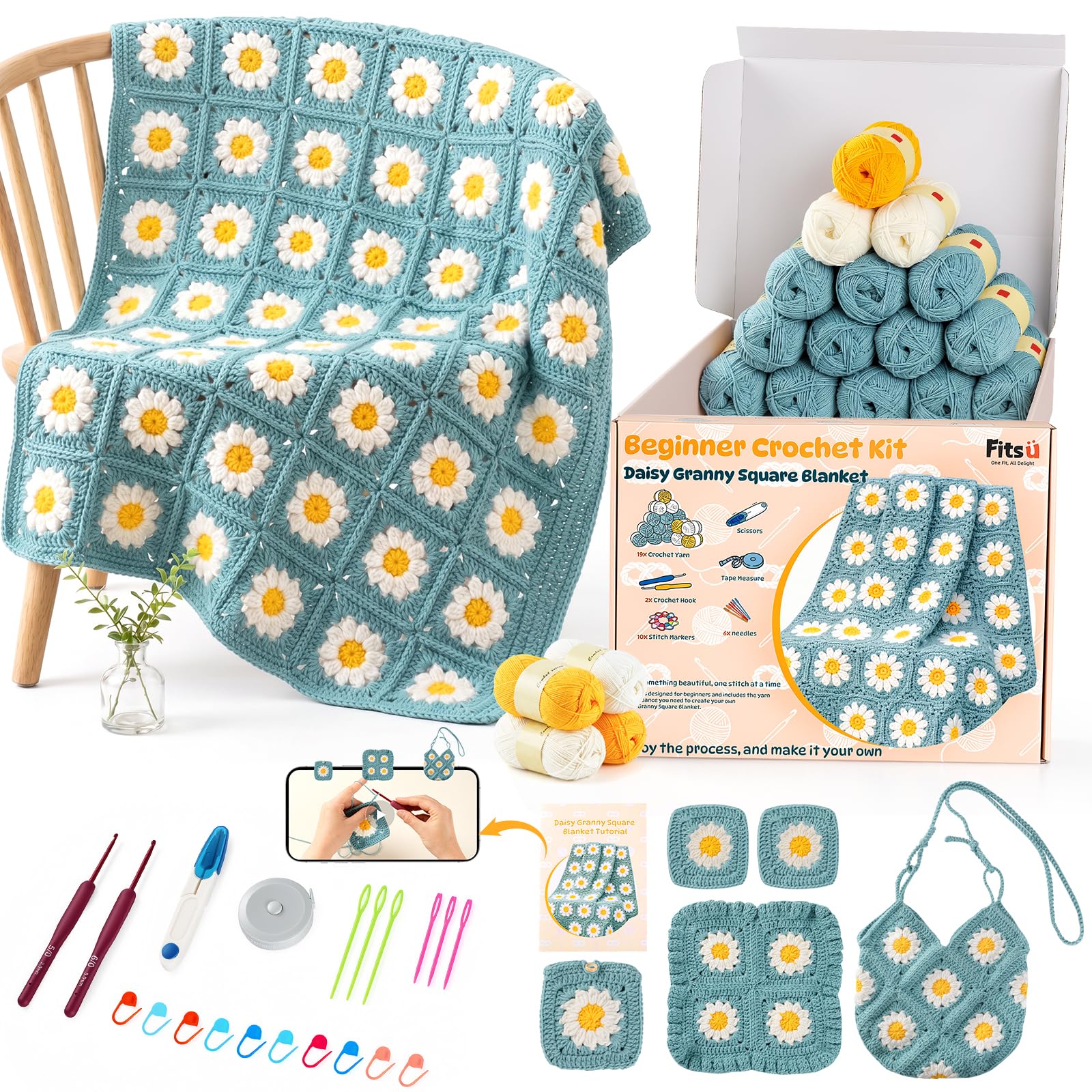 Fitsu Häkelset für Anfänger, Gänseblümchen Oma Quadratische Decke Häkeln Starter Kit mit Garn, Haken, Schritt-für-Schritt-Buch & Video-Tutorials, einfaches Erlernen des Häkelns Geschenkset für