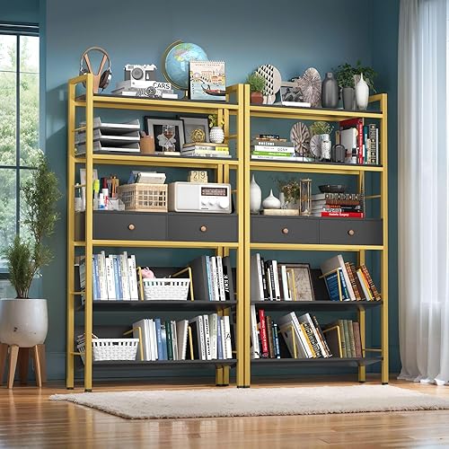 Miniatura 7 de Estantería con cajones, estante industrial de 31.5 pulgadas de ancho con sujetalibros, estantes de almacenamiento de 5 niveles de alto, estante de