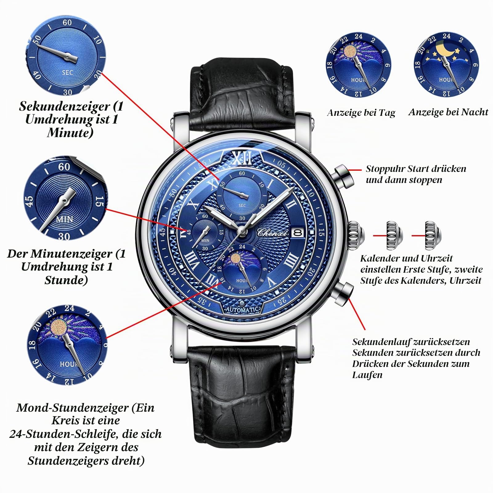 JewelryWe Herrenuhr Echtleder Chronograph Uhr 30m Wasserdicht Analog Quarz Armbanduhr Herren Lederarmband Multifunktionale Uhr mit Sternenhimmel Zifferblatt, Kalender, Leuchtzeiger, Stoppuhr