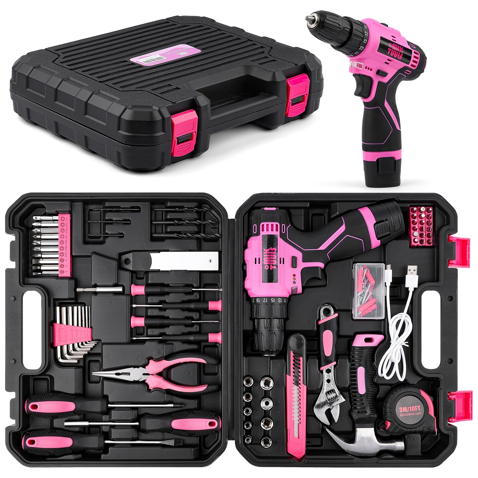 MLKTUULS 152PCS Home Tool Kit with 12V Cordless Drill, Pink