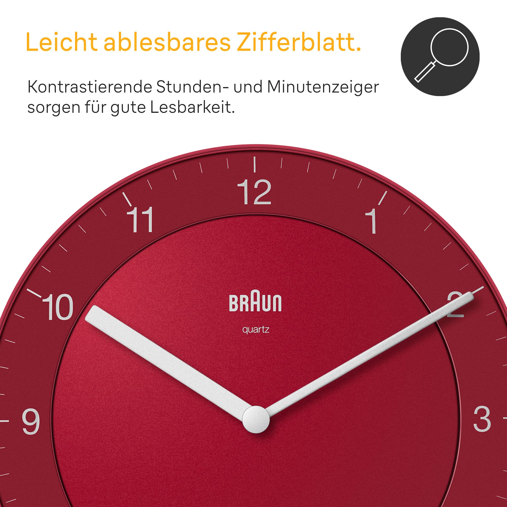 Braun Klassische analoge Wanduhr ruhigem Quarzuhrwerk, leicht lesbarem Zifferblatt mit 20 cm Durchmesser in Rot, Modell BC06R.