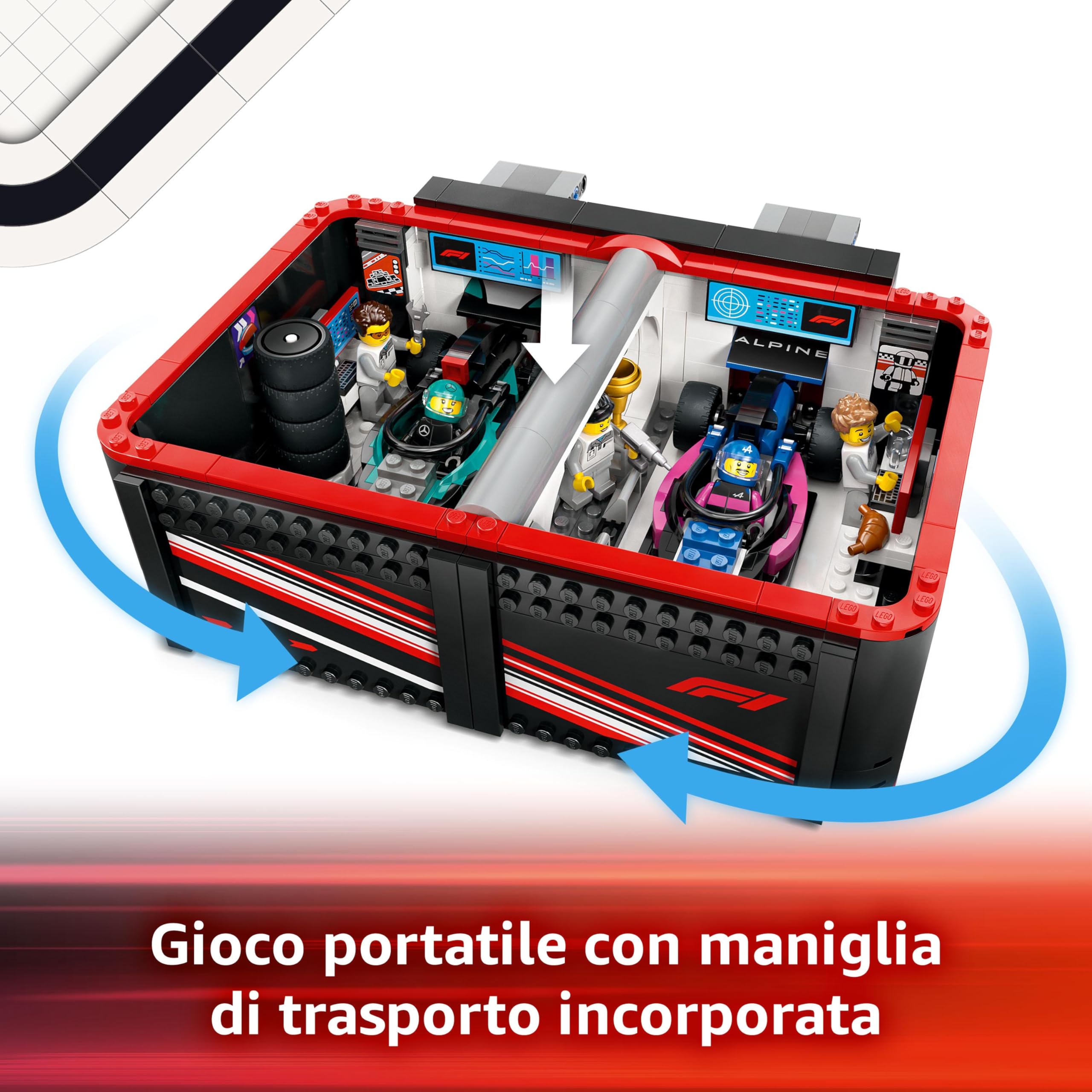 LEGO City Garage con Monoposto Mercedes-AMG e Alpine F1, Auto da Corsa Giocattolo con 2 Minifigure di Piloti e 4 Meccanici, Regalo per Bambini e Adulti Fan delle Macchine Giocattolo da Formula 1 60444