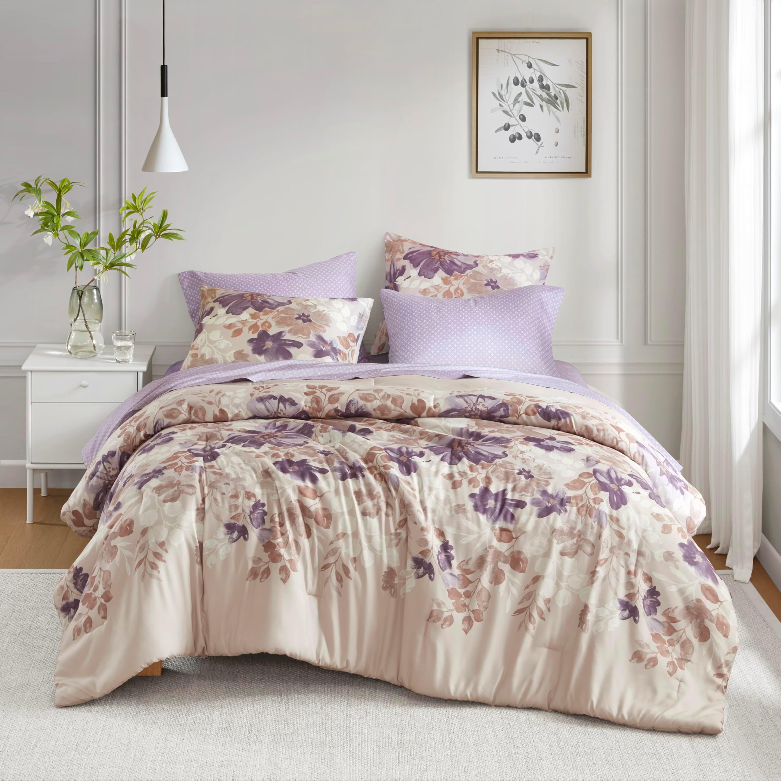 Essentials Cal King Comforter Set & Sheets, Floral Bed in A Bag Microfiber Comforter for Cal King-Size Bed, Shabby Chic Cal King Bedding Diamond Print Sheet, Luna, Cal King, Taupe 7 Piece