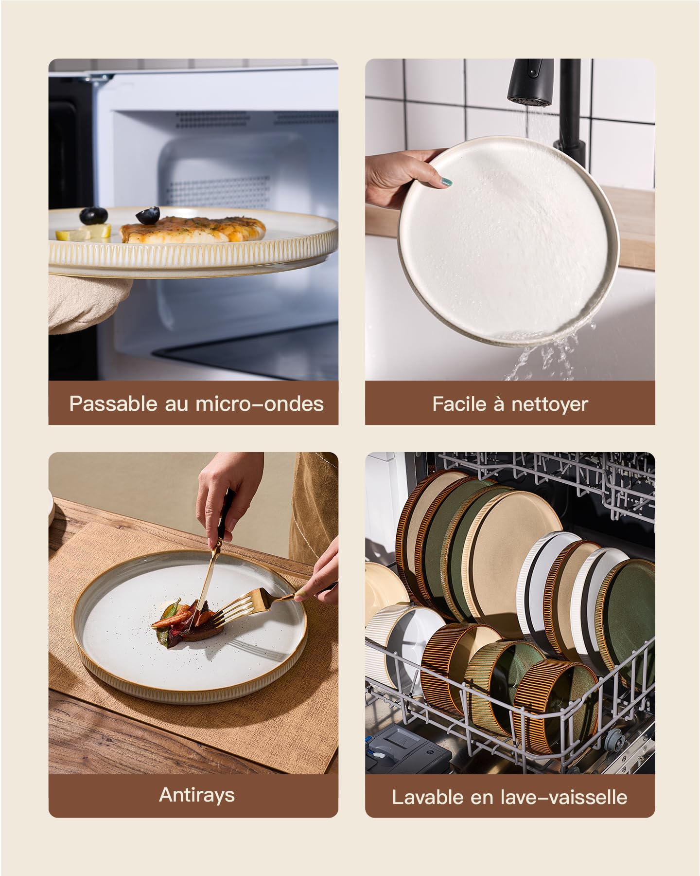 Richmount Star Set d'assiettes 12 pièces, Set de vaisselle 4 personnes, Set de vaisselle en faïence, Service de table anti-rayures, Micro-ondes & Lave-vaisselle, Cappuccino Blanc