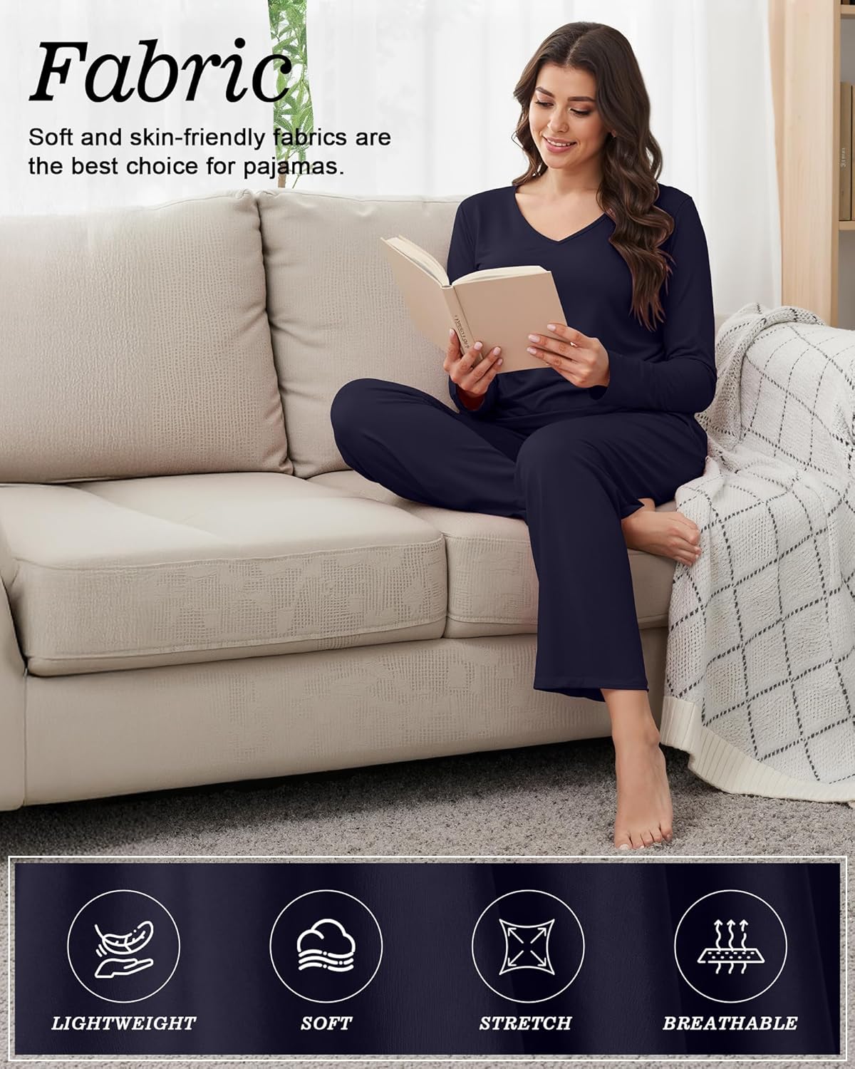 3 Pack Women's Pajama Set Long Sleeve Pajamas Top and Pants Soft V Neck Pjs Set Loungewear with Pockets - Image 7