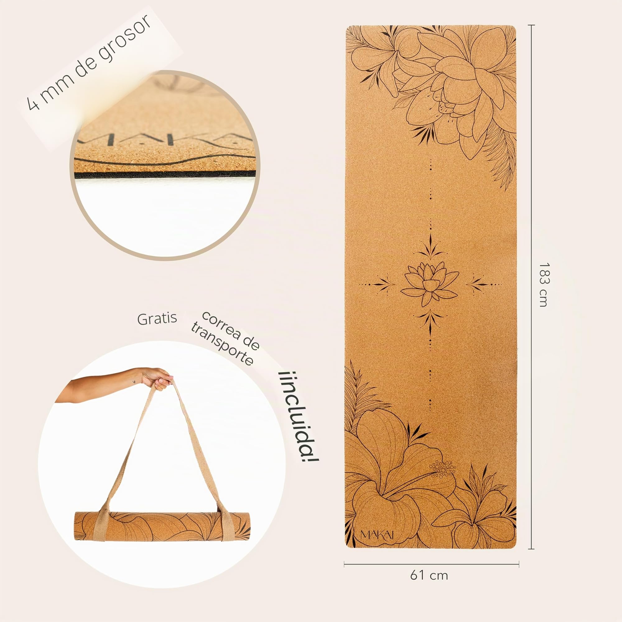 MAKAI Esterilla de yoga de corcho | Ecológica 100% corcho natural y goma | Esterilla antideslizante premium de 4 mm | Incluye correa de transporte de cáñamo | Esterilla de ejercicio y pilates para el