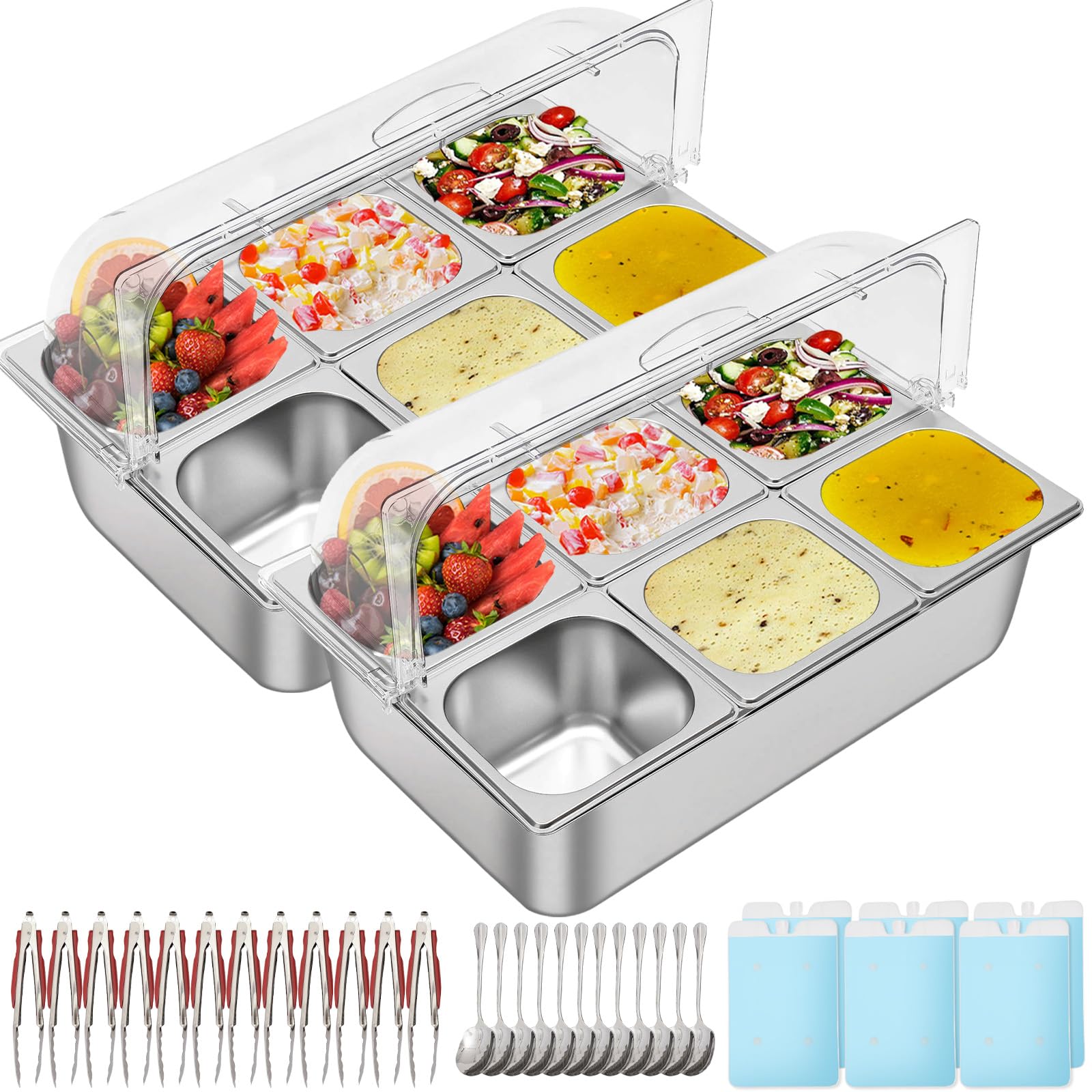 DONNGYZ 2 Pcs Countertop Food Display Container 6 Pans with 6 Ice Packs Cold Food Serving Tray Condiment Dispenser Salad Dressing Appetizer Spice Fruit Cold Serving Buffet Tray