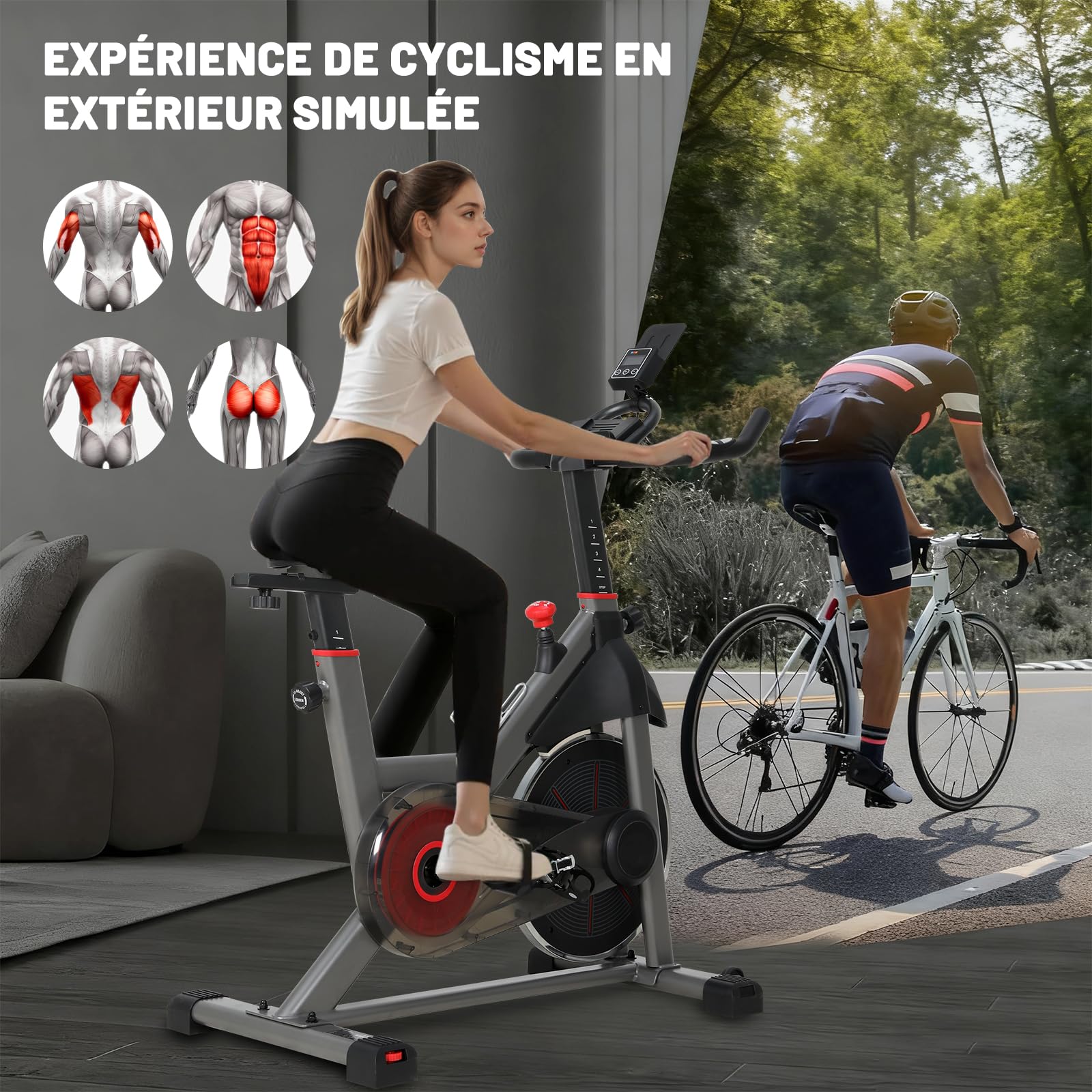 Vélo d'Appartement avec Résistance Ajustable et Silencieuse, Volant d'Inertie 8KG, Vélo d Appartement d'Entraînement Professionnel Écran LED, Impulsion, Velo Appartement avec Selle Réglable