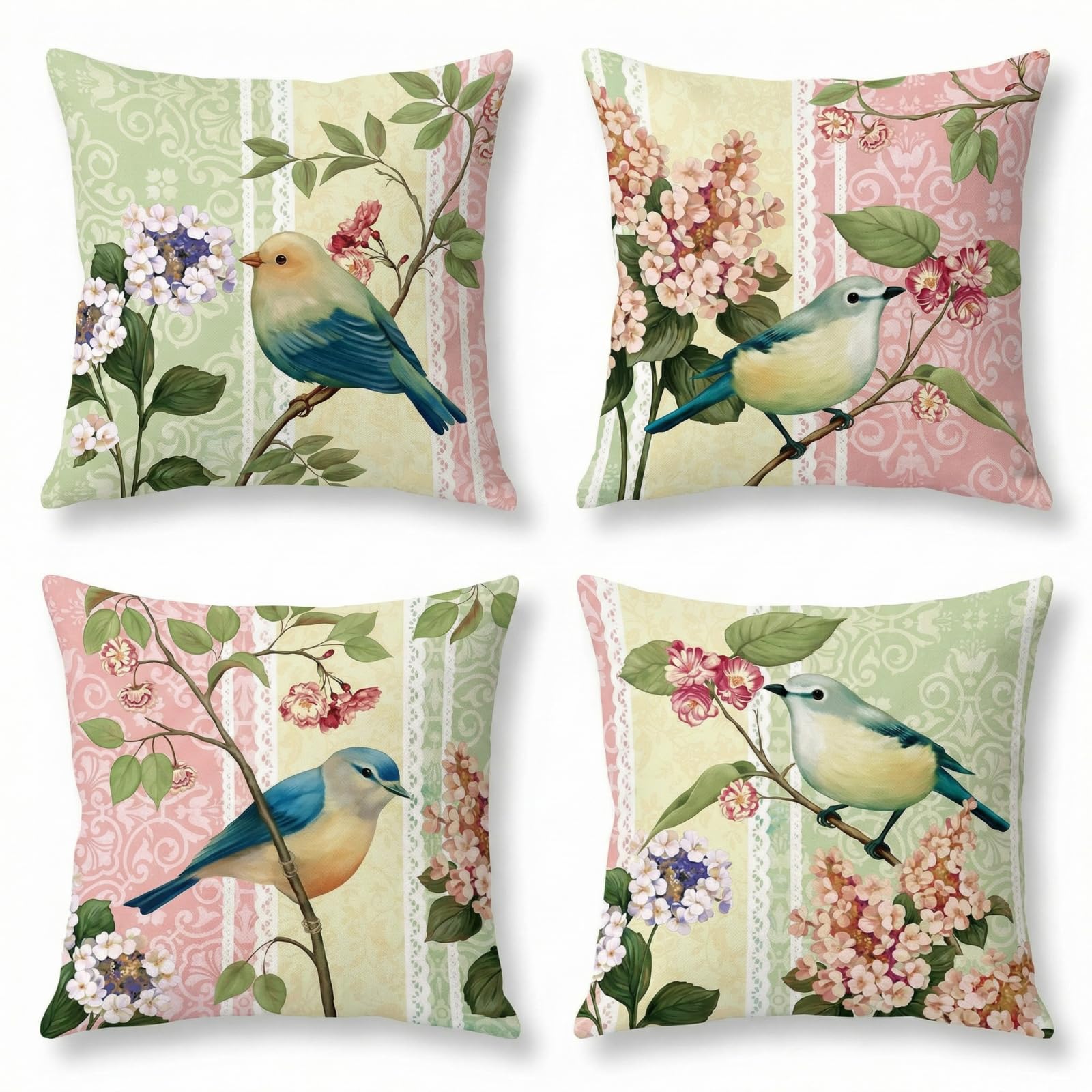 BREASOME Cushion Covers 45 x 45 cm Set of 4 Floral and Birds Cushion Covers Linen Decorative Square Throw Pillow Cases for Sofa Couch Bedroom Living Room