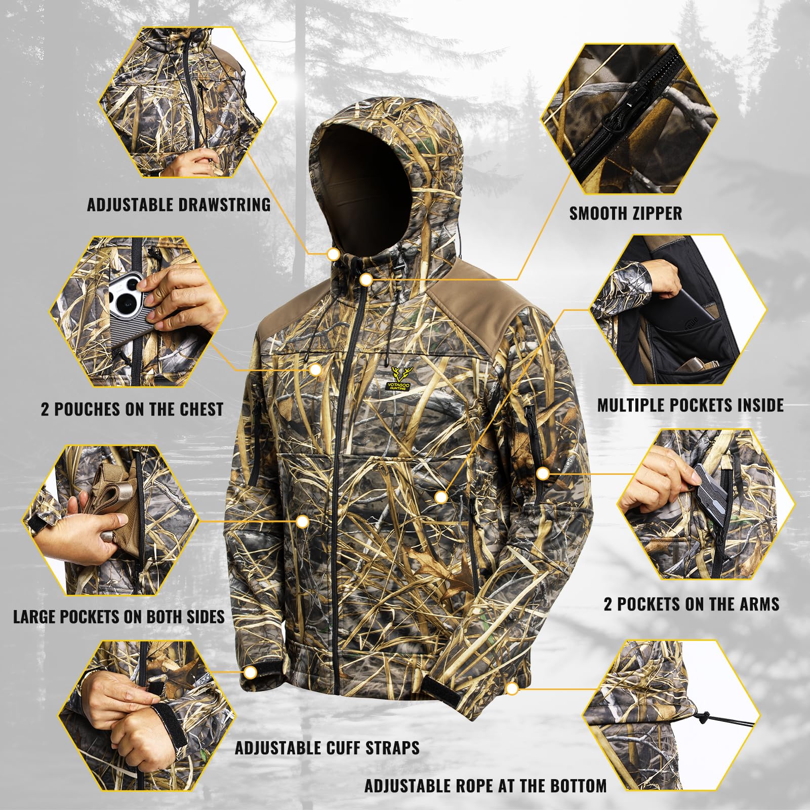 VOTAGOO Giacca da caccia silenziosa Softshell foderato in pile mimetico abbigliamento abbigliamento abbigliamento con cappuccio cappotto per uomo