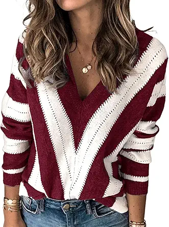 PRETTYGARDEN Sweaters for Women 2025 Long Sleeve Striped Knitted V Neck Pullover Jumper Tops Fall Outfits Fashion Clothing