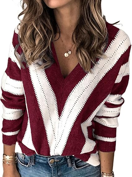 PRETTYGARDEN Sweaters for Women 2025 Long Sleeve Striped Knitted V Neck Pullover Jumper Tops Fall Outfits Fashion Clothing