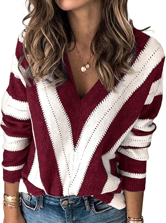 PRETTYGARDEN Sweaters for Women 2025 Long Sleeve Striped Knitted V Neck Pullover Jumper Tops Fall Outfits Fashion Clothing