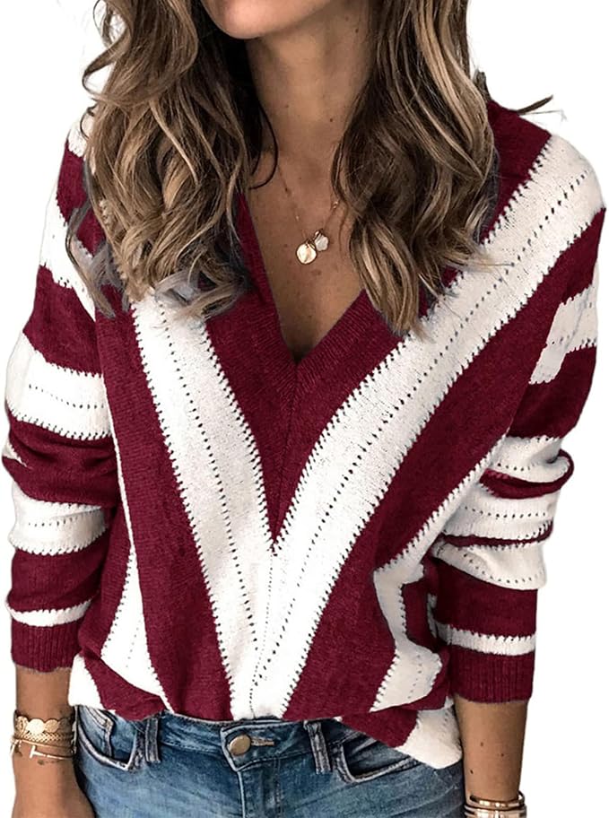 PRETTYGARDEN Sweaters for Women 2025 Long Sleeve Striped Knitted V Neck Pullover Jumper Tops Fall Outfits Fashion Clothing