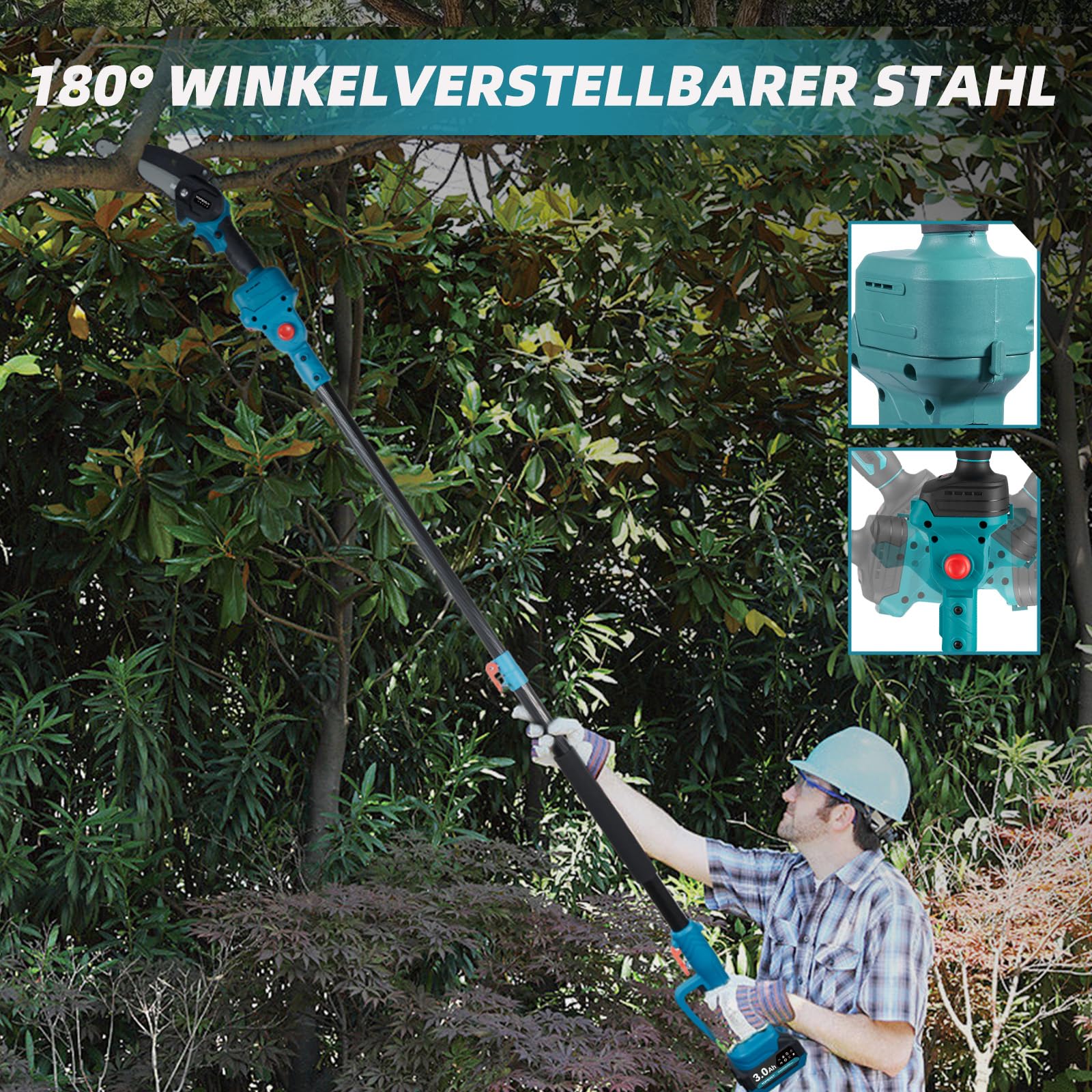 Yofidra 4-IN-1 Mini Kettensäge 6 Zoll mit Teleskopstange & Bürstenlos 25mm Astschere, 180° Einstellbarer Winkel, Akku Hochentaster mit 2 x 3.0Ah Akku und ladegerät, Max. Reichweite bis 4,6m, blau