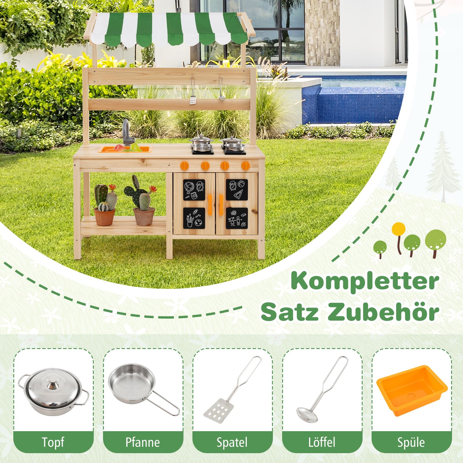 DREAMADE Matschküche Kinder Outdoor, Outdoorküche mit 4 Herd & Waschbecken & Tafel, Gartenküche, Outdoor Küche Kinderküche aus Tannenholz mit Zubehör für Kinder ab 3 Jahren