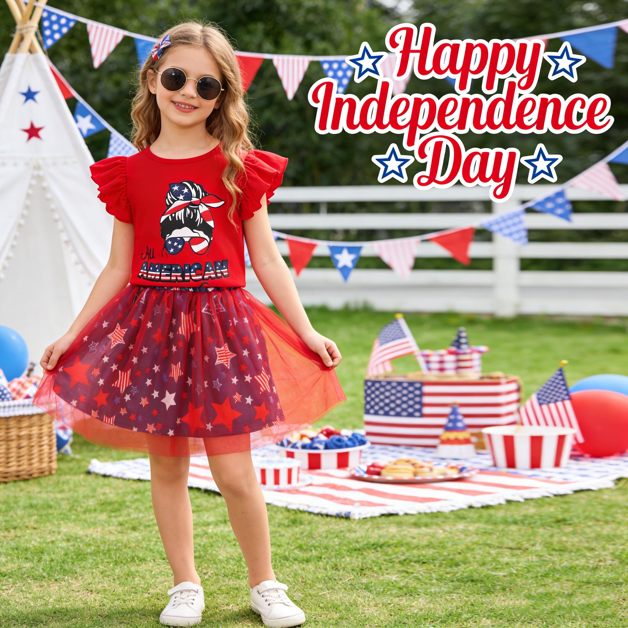 RETSUGO Conjunto de falda tutú de tul para niñas pequeñas del 4 de julio, vestido con estampado de corazón y bandera estadounidense, 2-8 años