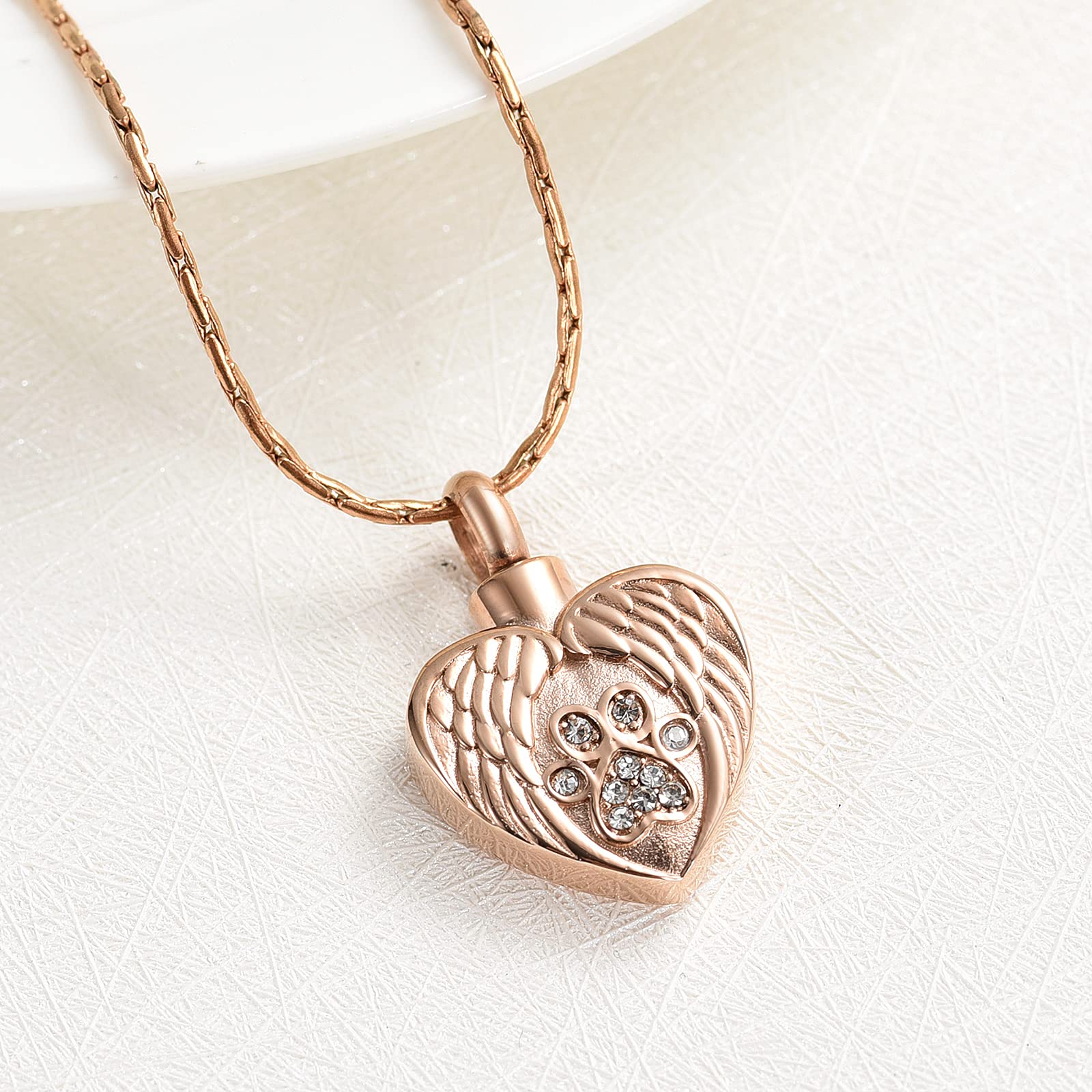 VCCWYQK Cremation Jewelry Urn Necklace for Ashes for Pet Dog Paw Print Angel Wing Heart Urn Locket Pendant for Dog/Cat (Rose Gold) - Image 3