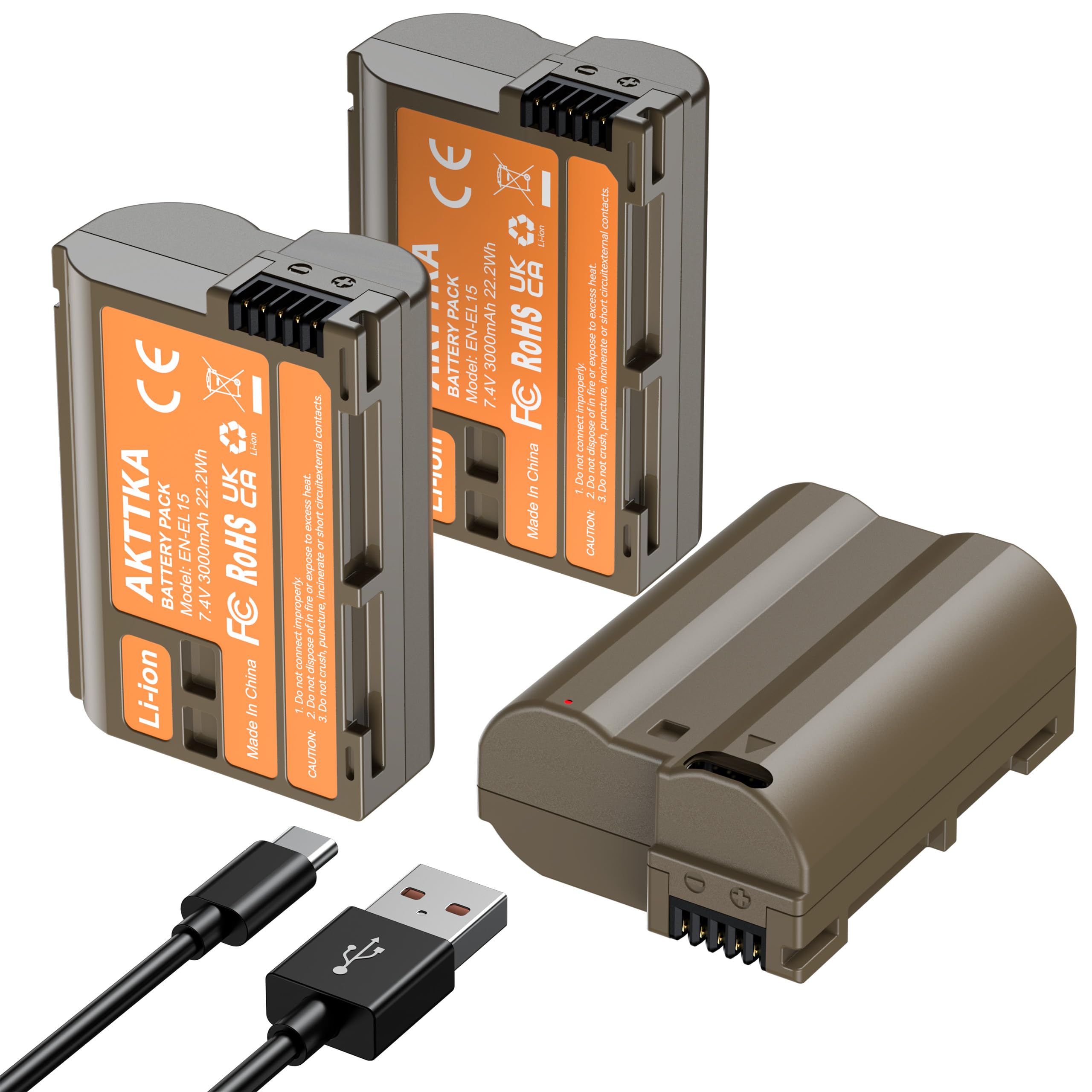 EN-EL15C Akkus 3000mAh (3er-Pack) mit direkter USB-C-Aufladung – Kompatibel mit Nikon EN-EL15/EL15C, Z8, Z7, Z6, Z5, Z6II, Z7II, Z6III, D7500, D7200, D750, D850, D780, D7000, D610, D600, D500