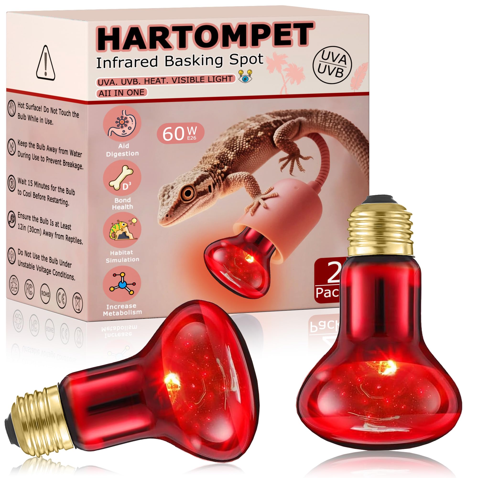 60W Infrared Heat Lamp, Red Basking Spot Bulb, Day &amp; Night Heater