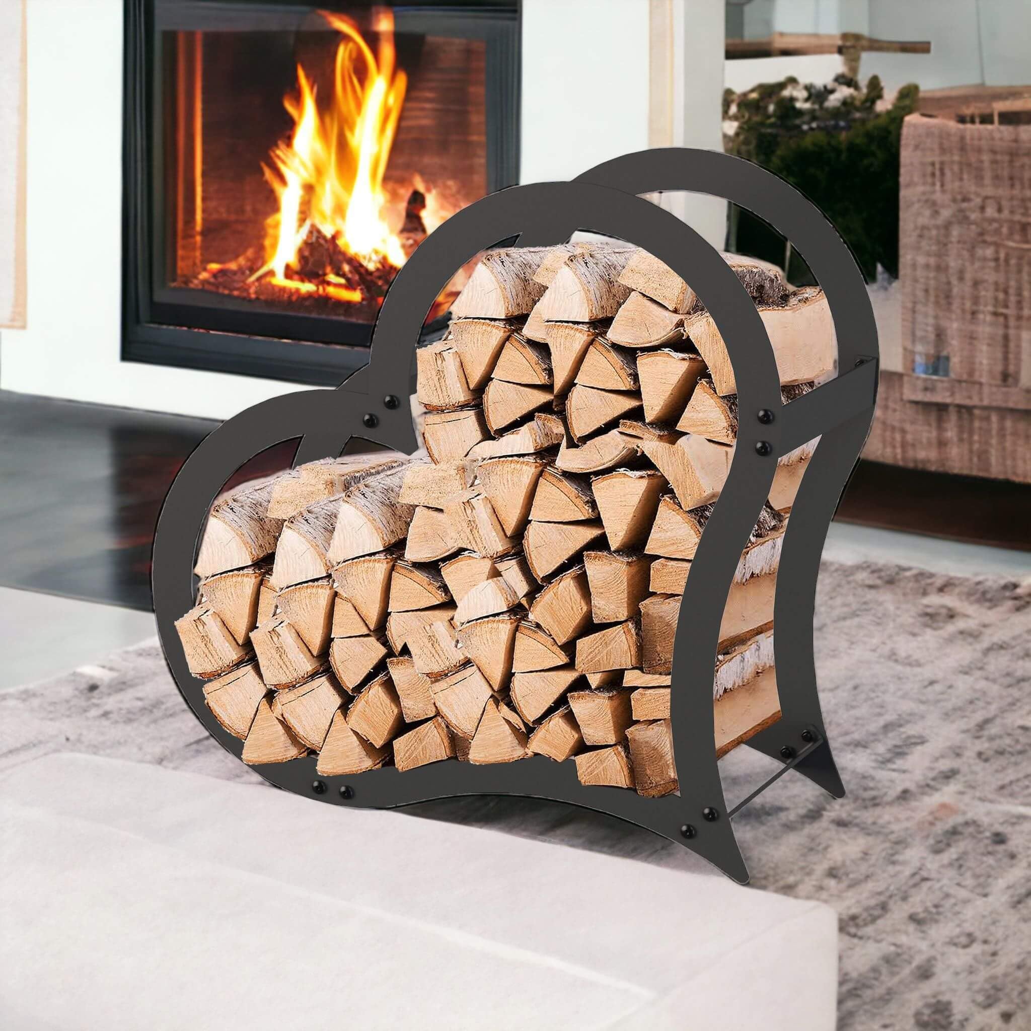 DanDiBo Kaminholzregal Innen Metall Schwarz Stehend Herz 52 cm Kaminholzständer 96469 Kaminholzhalter Brennholzregal Feuerholzregal