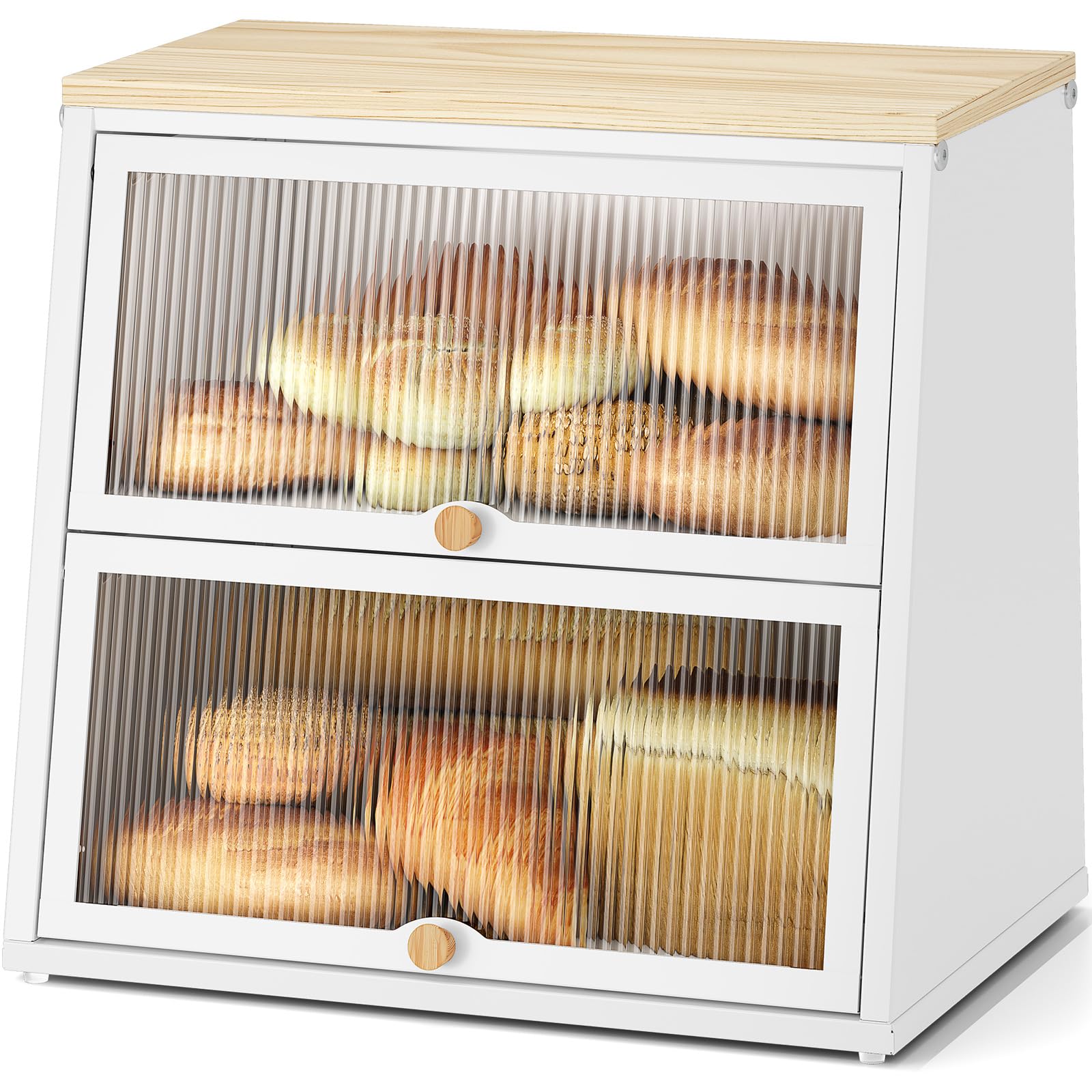 Urackify Bread Bins for Kitchen, Two-Layer Large Bread Box, White Bread Bin with Striped Window Door Panel, Bread Storage with Wood Handle, kitchen bread basket Storage with Removable Layer, White โ image 1