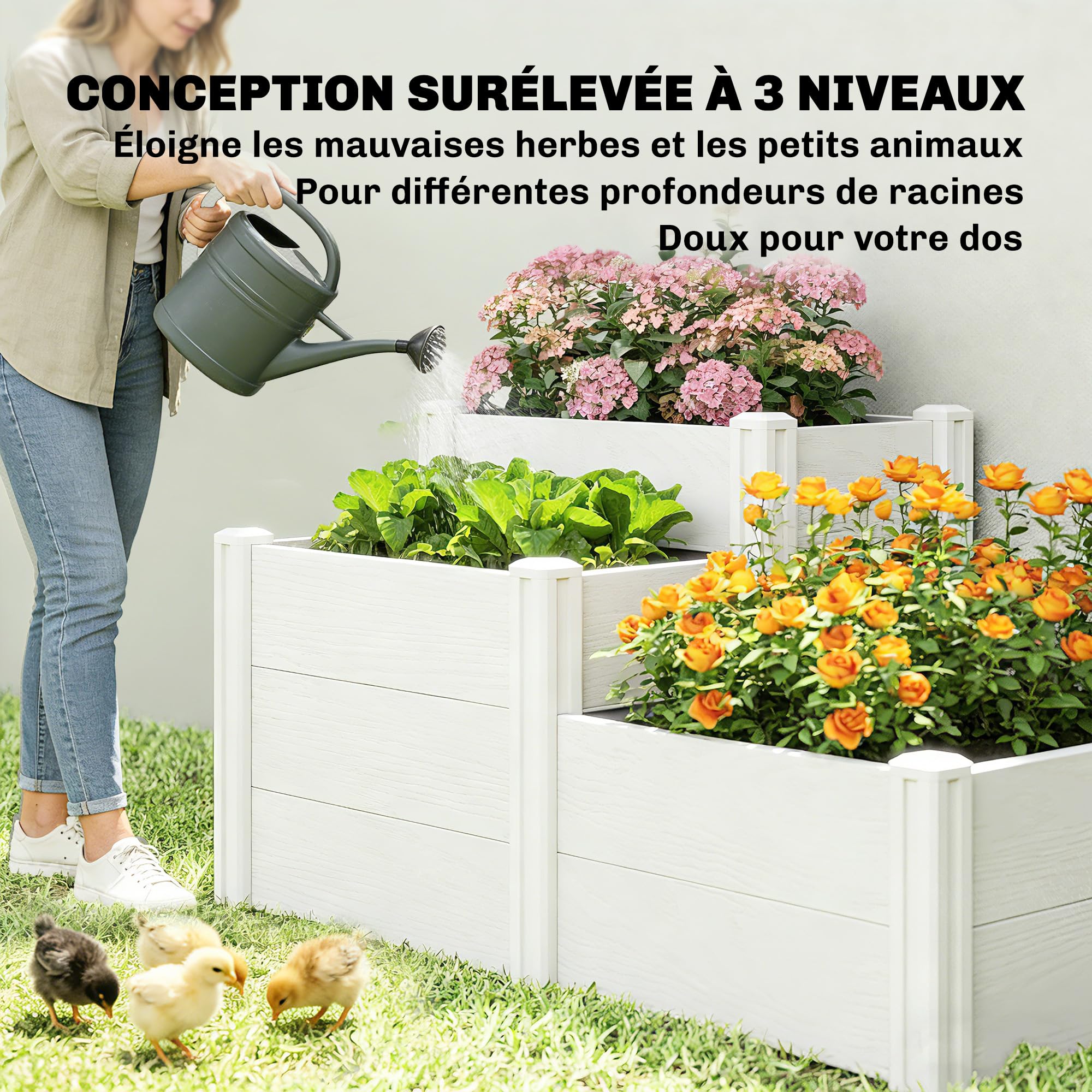 Outsunny Jardinière surélevée 3 Niveaux Fond Ouvert Potager Jardin 120x80x64 cm Effet Bois Gris