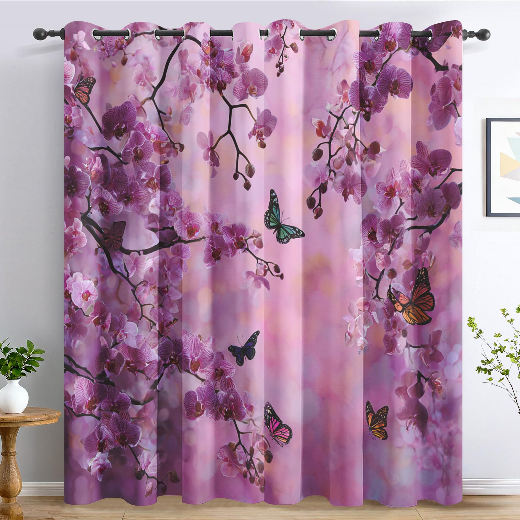 Générique Rideau Occultant Orchidée Violet Salon, Rideaux Thermiques à Oeillets, Papillon Floral Moderne Decoration Chambre Fenetre, Lot de 2 Draperies Intérieurs 110x215 cm (L x H) L-C&45