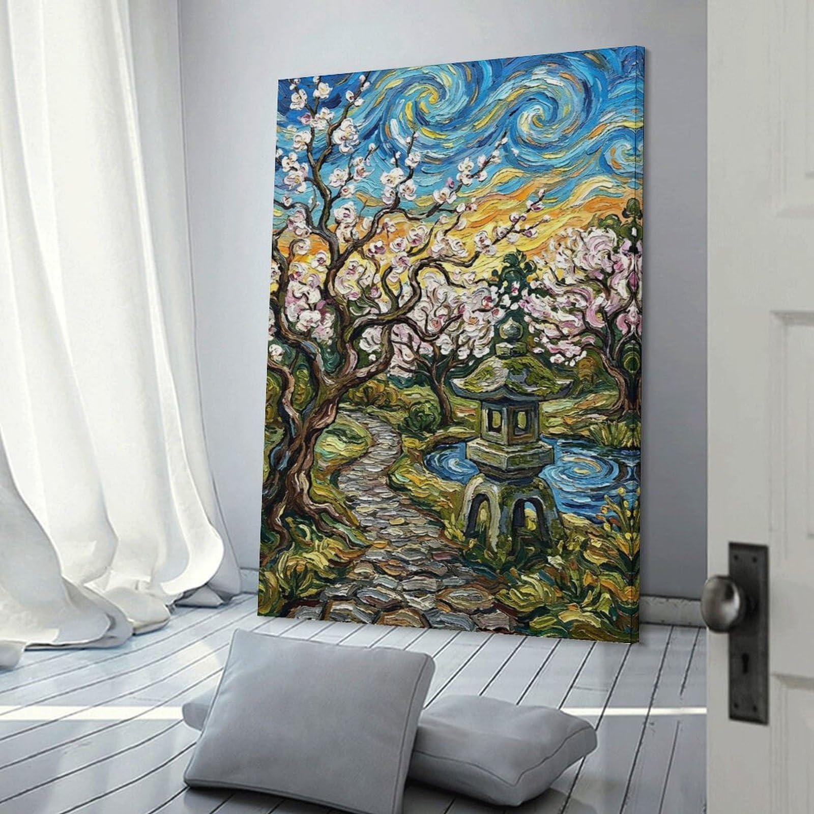 Junmoney Japanese Garden Painting with Blossoms And Pagoda Wall Art Print, 20x30inch(50x75cm), for Study, Office Or Focused Interiors, Home Office Artwork with Decorative Appeal