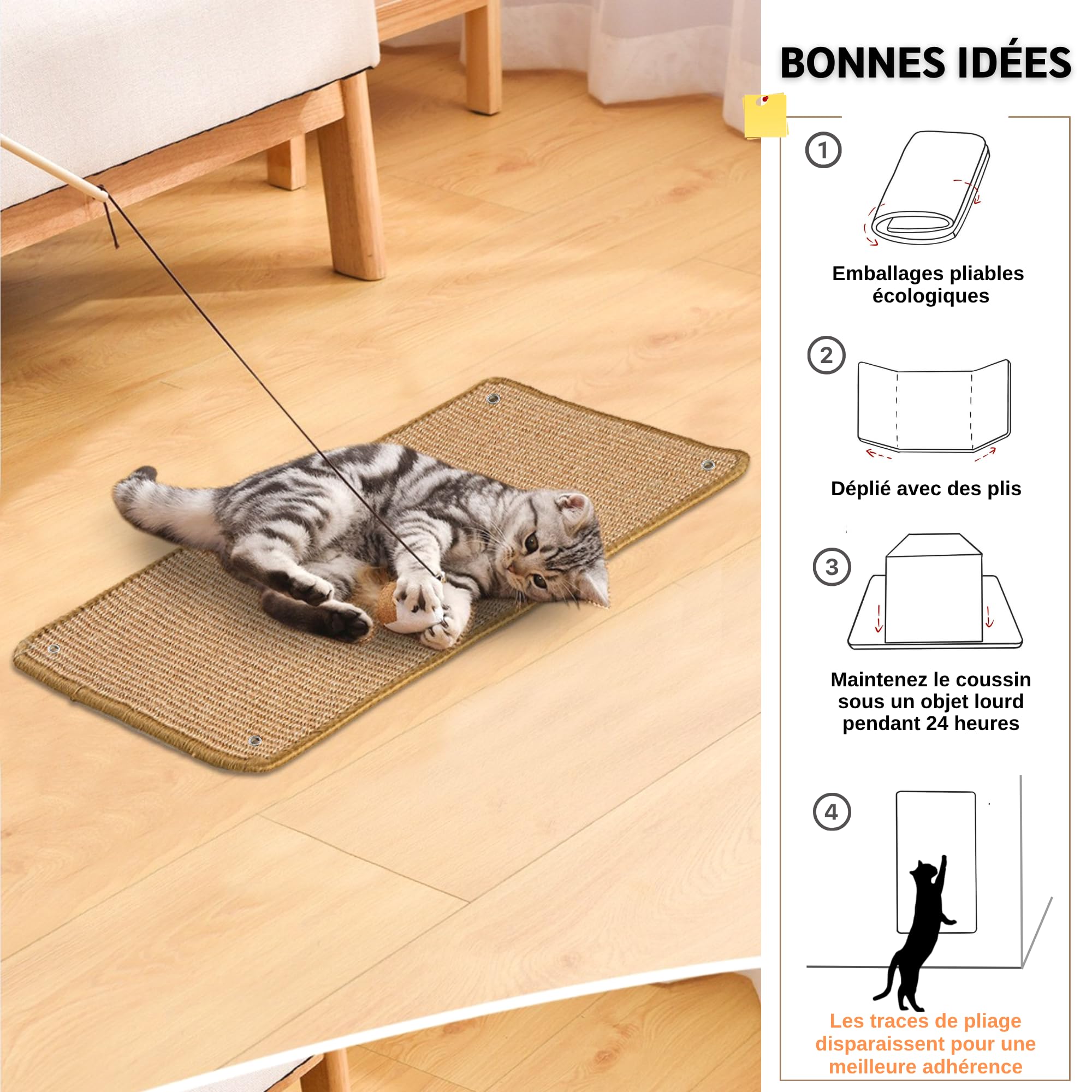 JanYoo Lot de 2 Tapis griffoirs en sisal, avec Ruban adhésif, Tapis de grattage pour Chat, Tapis pour protéger Le Mur, 60 × 25 cm (Marron)