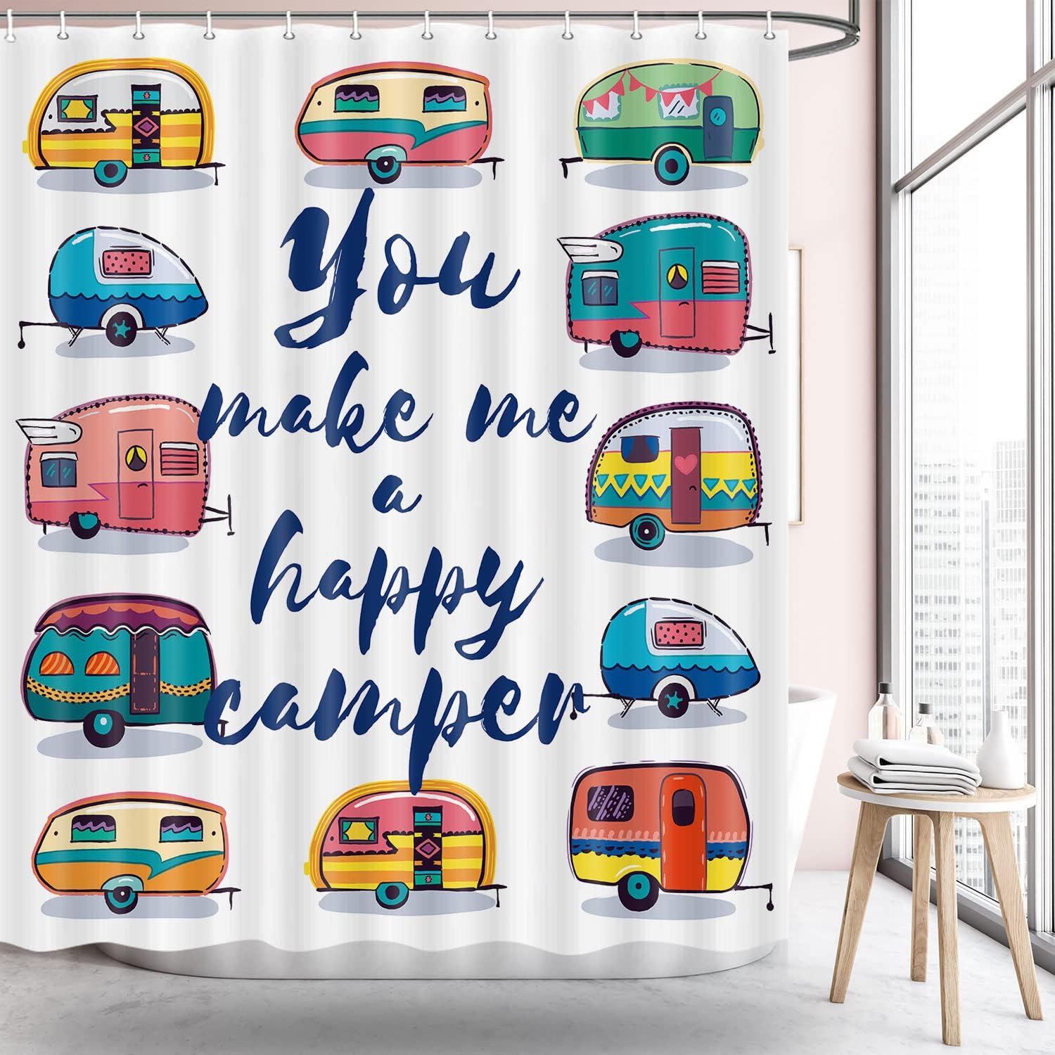 JAWO RV Shower Curtain for Camper Trailer Camping Bathroom, You Make Me A Happy Camper, Stall Shower Curtain with Hooks Set, 69x84Inch