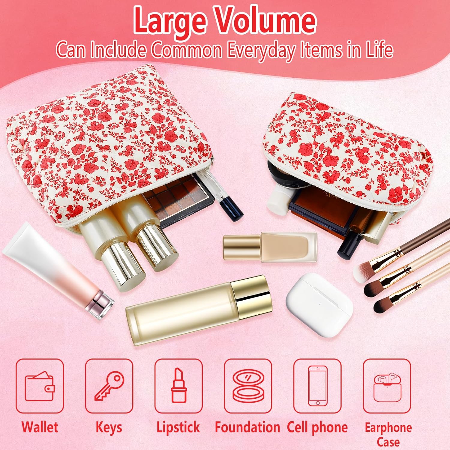 2Pcs Quilted Makeup Bag Set Flower Cute Pencil Case Large Small Travel Makeup Pouch Set for Women Coquette Makeup Bag Aesthetic Cotton Cosmetic Bag Hot Pink Toiletry Organizer Storage Bag Zipper Pouch - Image 6